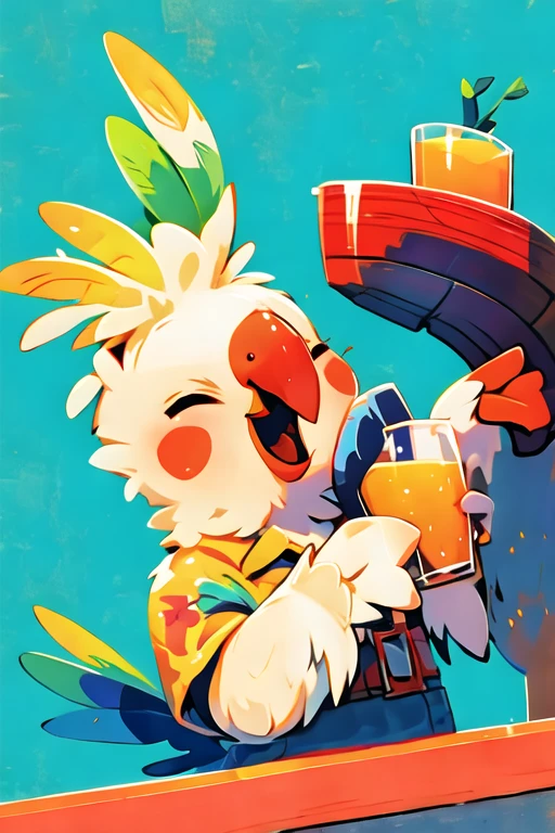 Cockatiel\(IP), (masterpiece, best quality:1.2),solo, smile, open mouth, blue background, drinking juice