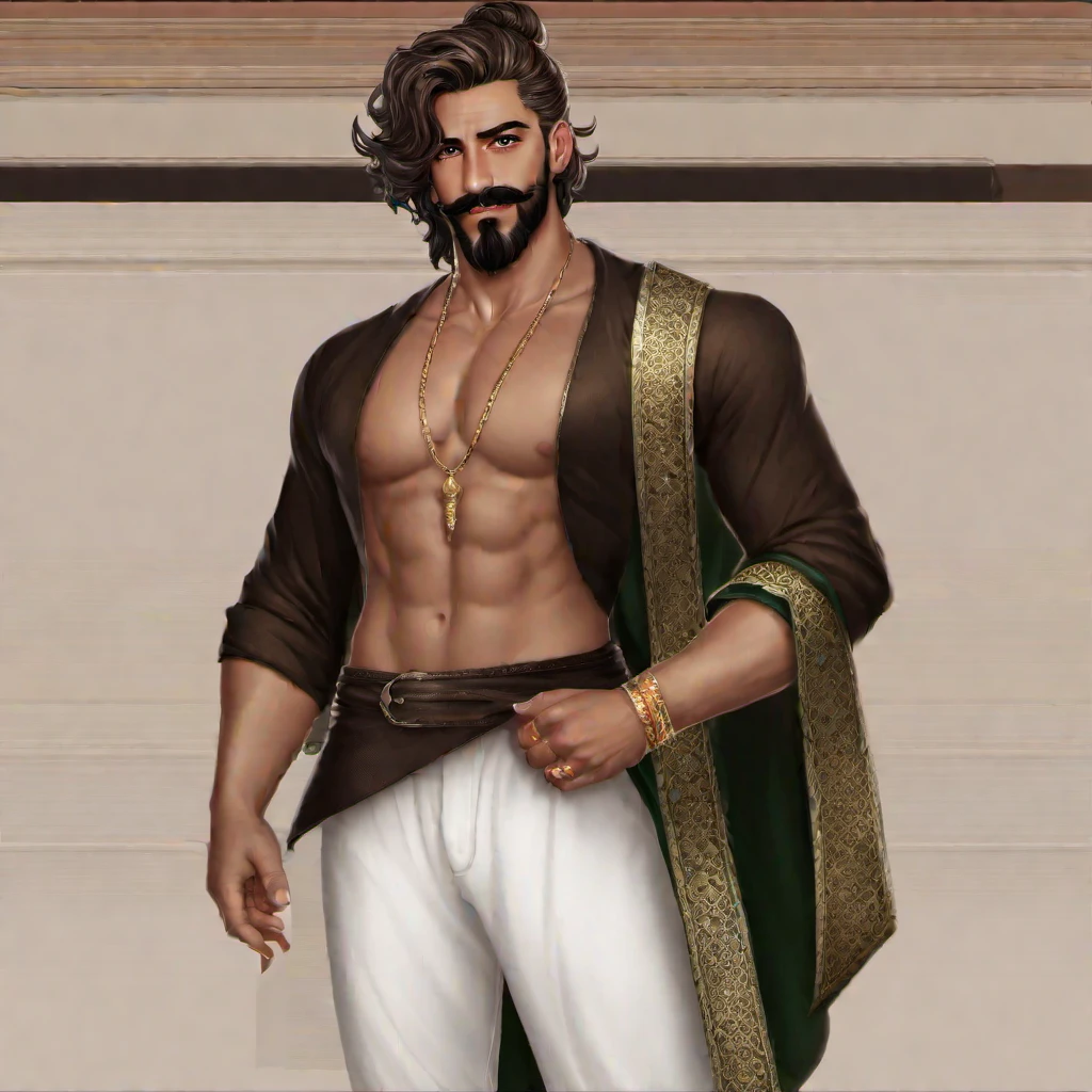 (masterpiece, best quality:1.2), 1boy, facial_hair, male_focus, solo, beard, ring, jewelry, knife, dark-skinned_male, looking_at_viewer, robe, dark_skin, brown_hair, dagger, brown_eyes, mustache, pectoral_cleavage, facial_hair, male_focus, solo, pectorals, beard, jewelry, muscular_male, mature_male, white_pants, ring, brown_hair, mustache, chest_hair, feet_out_of_frame, shirt, partially_unbuttoned, pants, white_shirt, short_hair, thick_eyebrows, kamal, visual_novel