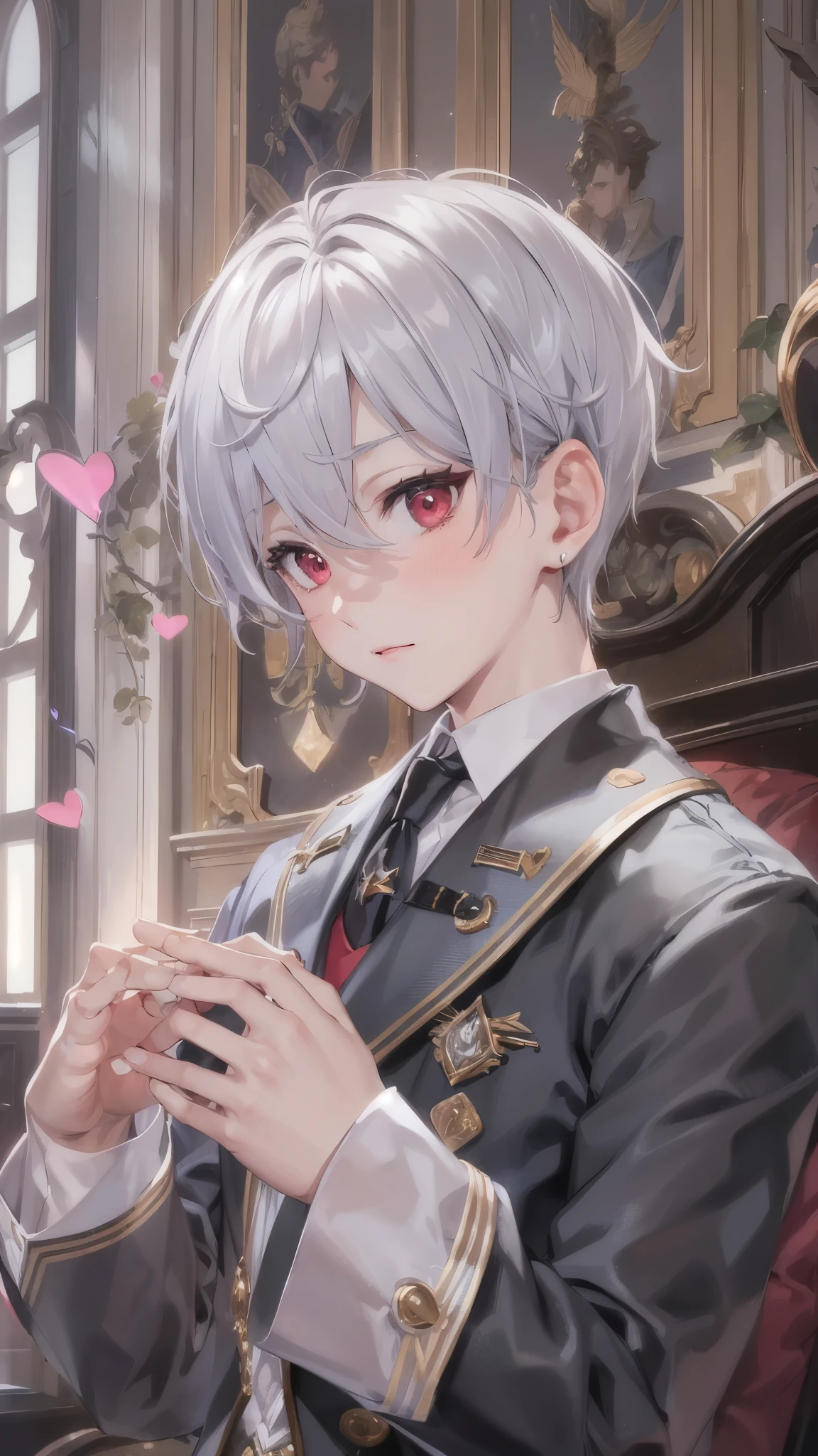 perfect anatomy, masterpiece:1.2, best quality, 8k, beautiful detailed grow, daydreaming expression, (((Heart in hands))) upper body (solo silver short hair divine boy, 15 yo, detailed red eyes, serious face, blushing), in a butler uniform, in the Present Room.
