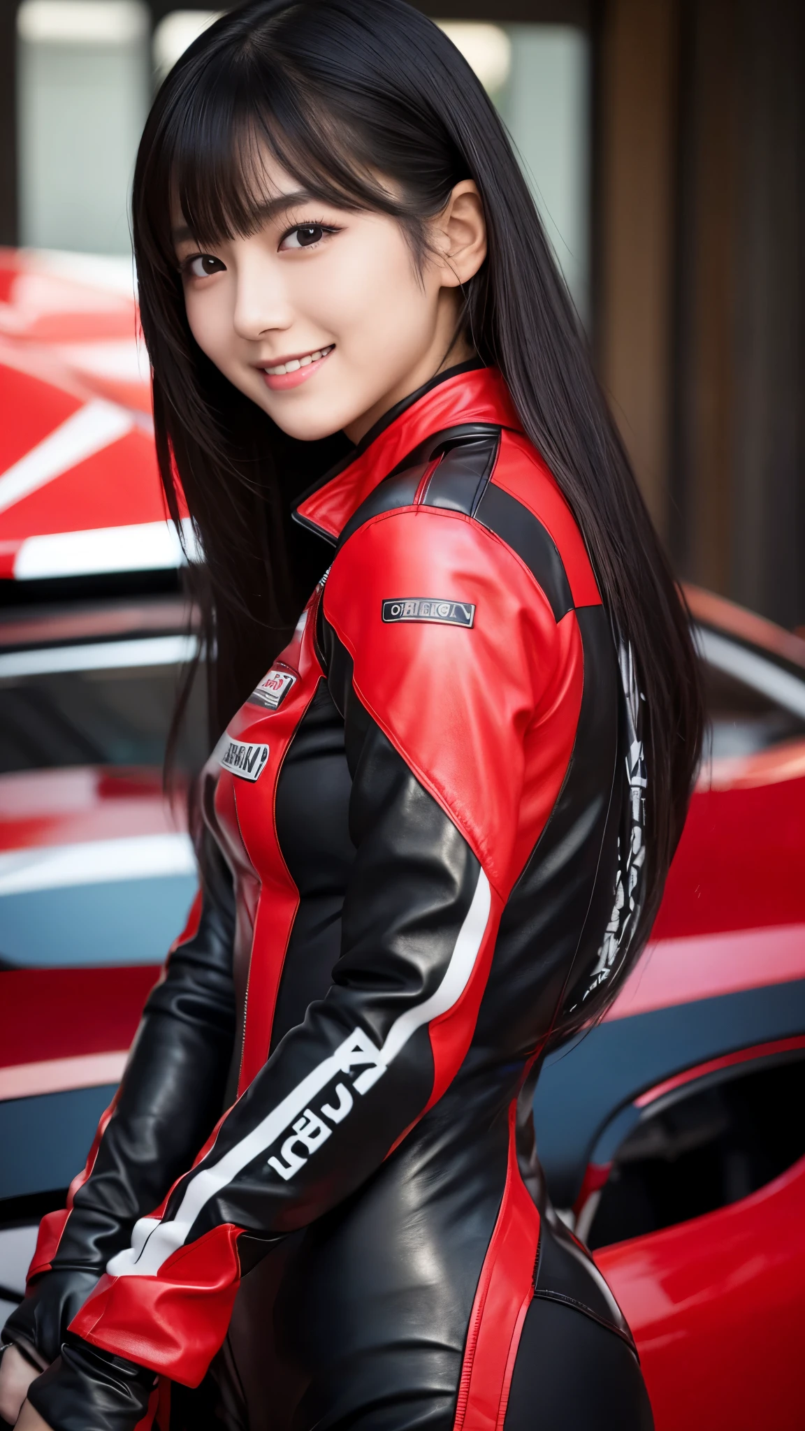 japanese girl, 20-year-old, dark makeup, detailed face, long hair, black hair, beautiful eyes, realistic, face close up, smile, sexy pose, (leather black&Red Racing Suit), long sleeve, leather racing gloves, 8k, cinematic, sexy girl, circuit