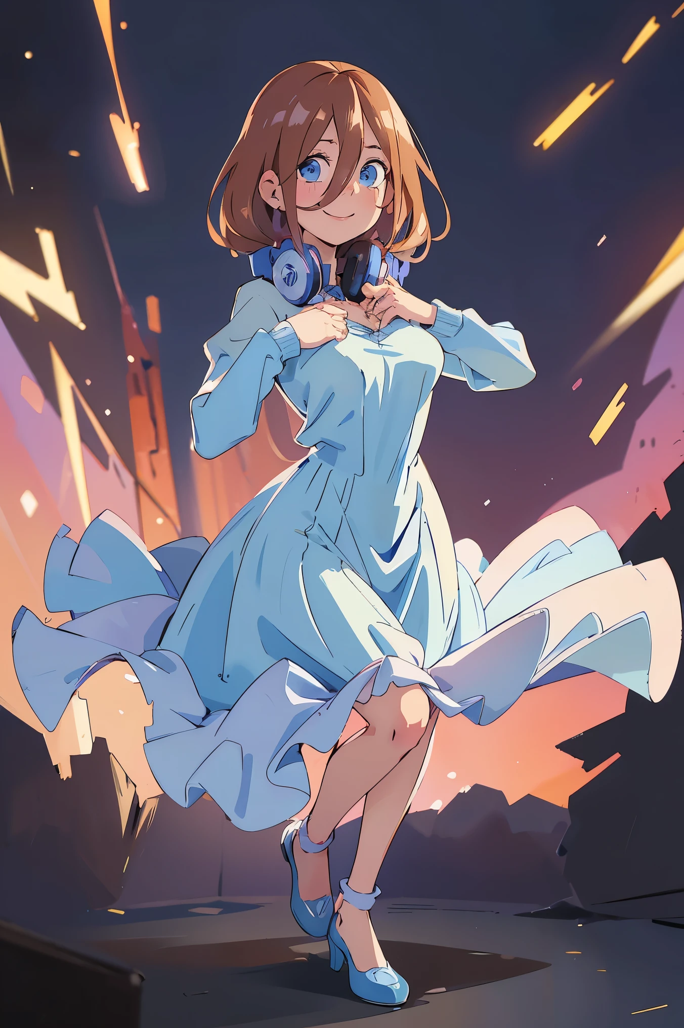 Miku Nakano、Brown hair、head phone、a smile、flowing ballgown, iridescent splendid dress, masterpiece, 4k, ultradetailed, cowboy shot, blue headset around neck, one strand of hair across her face, blue eyes, innocent, tender, lovely, dynamic pose, interesting pose, expressive face, full body, cute