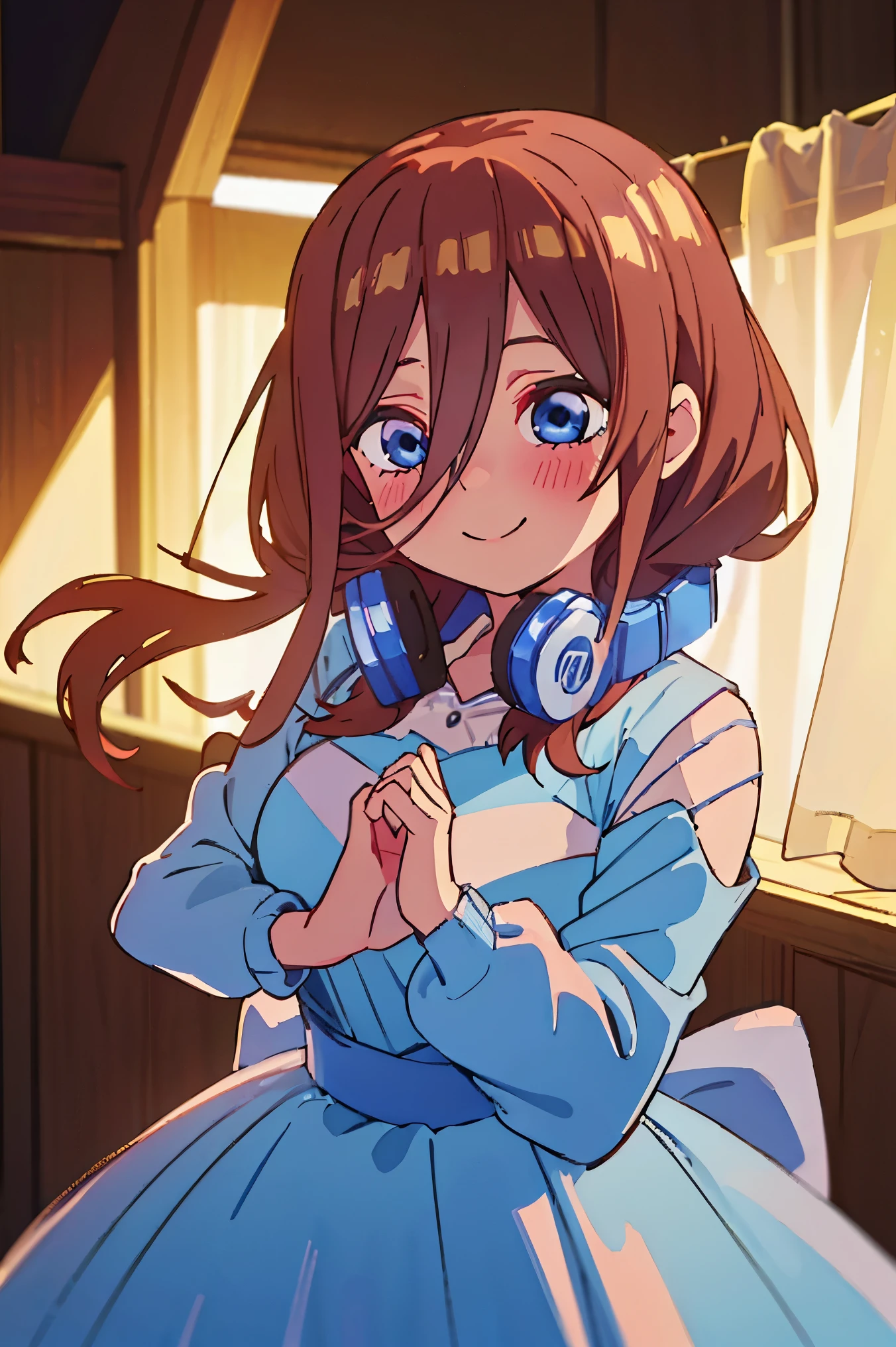 Miku Nakano、Brown hair、head phone、a smile、flowing ballgown, iridescent splendid dress, masterpiece, 4k, ultradetailed, cowboy shot, blue headset around neck, one strand of hair across her face, blue eyes, innocent, tender, lovely, dynamic pose, interesting pose, expressive face, full body, cute