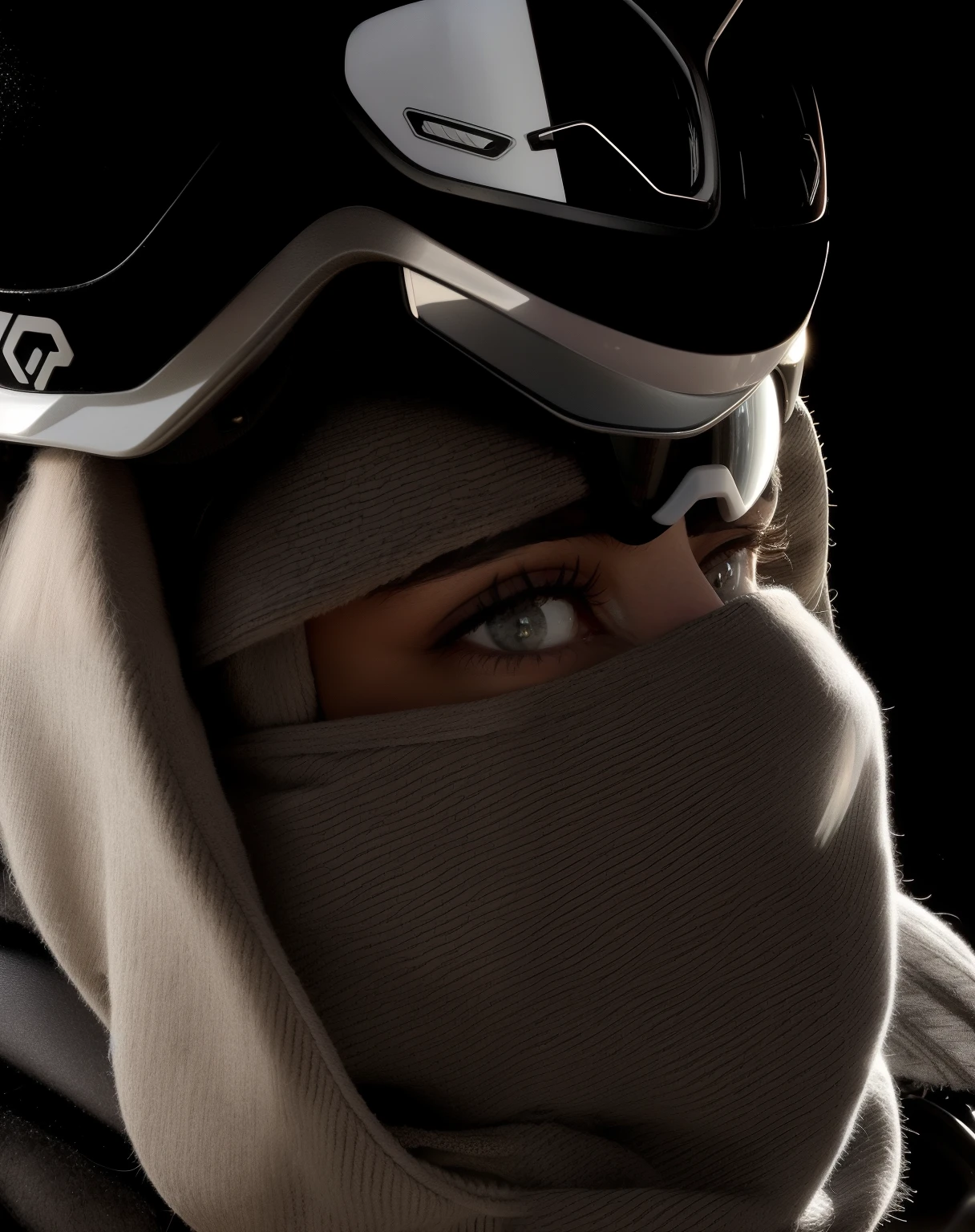 Femme noire arafed portant un foulard et des lunettes avec une capuche sur le visage, masque de ski, masque de ski, masque de skis, cagoule covering face, cagoule, dark visor covering the face, gros plan portrait, dark visor covering the top of the face, gros plan, portrait, Yeux brillants dans le casque, gros plan portrait, rendu d'octane noir