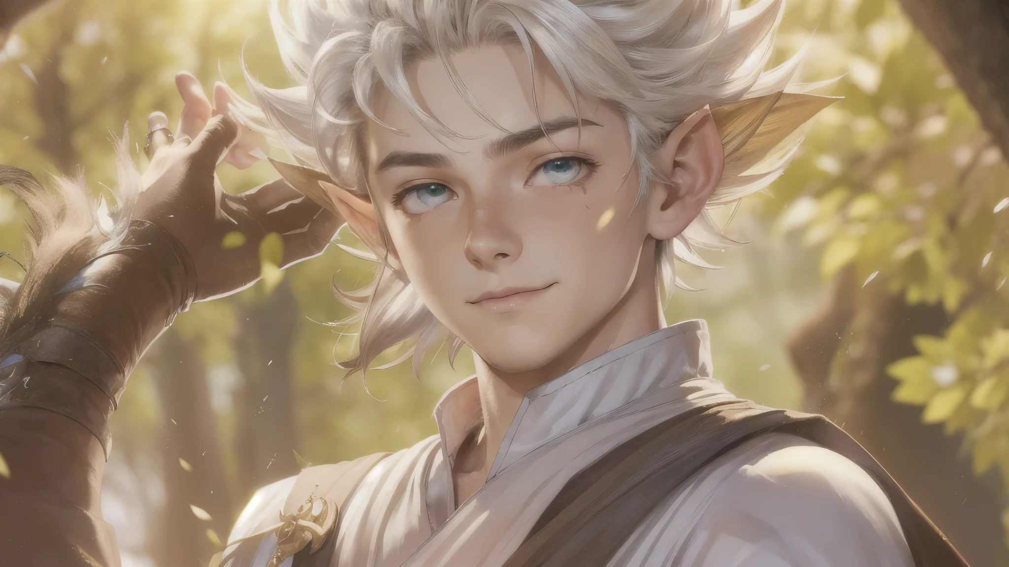 (master piece), 8k, best quality, book illustration, elf boy, childlike appearance, male, teenager, 14 years old, 170 centimeters tall, white skin, thin body, pointed elf ears, beautiful finely detailed eyes of silver color, high forehead, yellow blonde spiky hair like Gohan from the anime dragon ball (super sayajin), Round face, highly detailed, sharp focus, Incredibly handsome, smiling, conservative elven outfit, conservative posture, looking up,