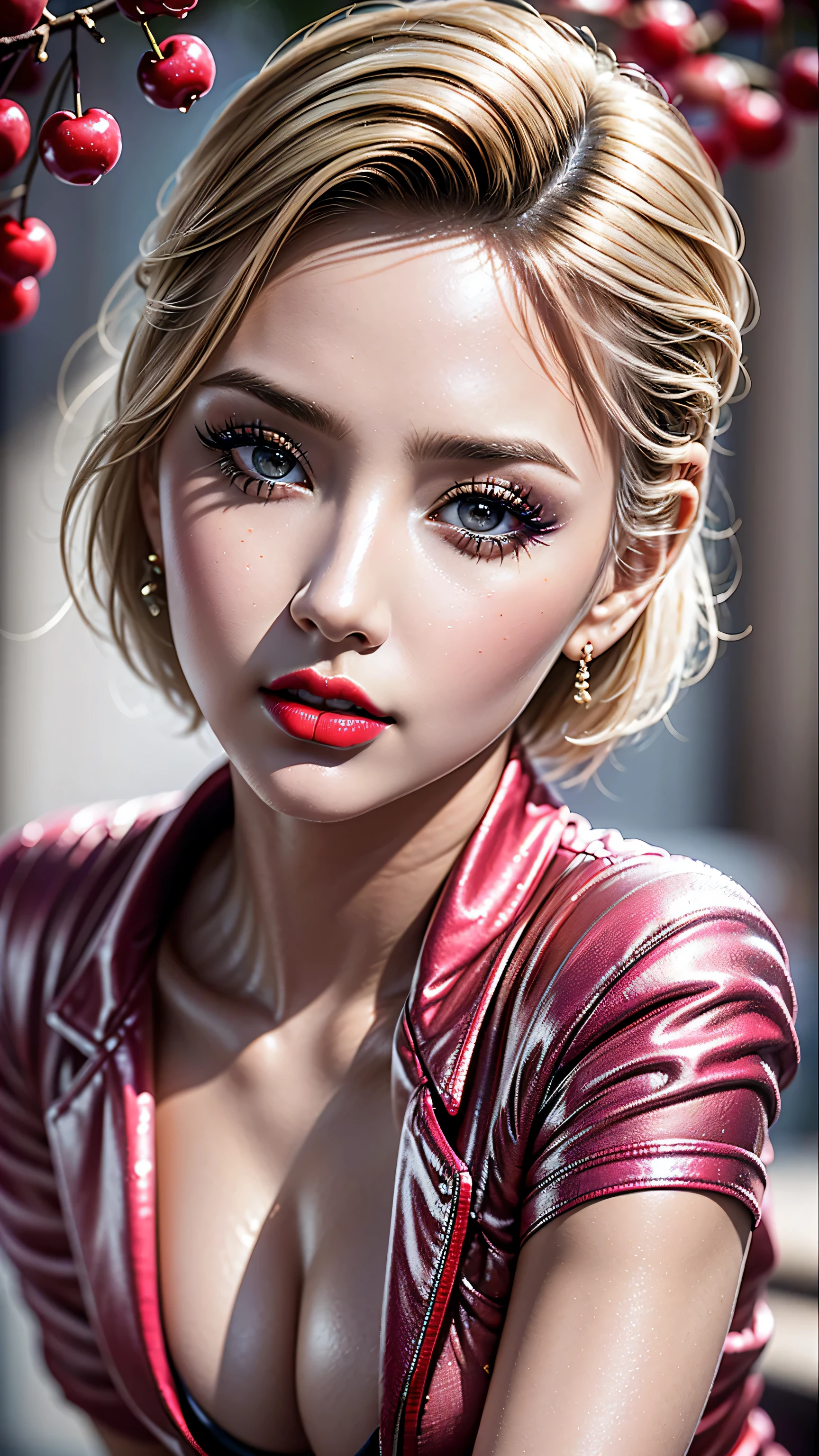 (Highest resolution),(the most absurd quality),(masterpiece),(sharp focus),(最high quality),(photorealistic),(hyper realistic),(best high quality real texture skin:1.4),(ebony skin female),(best quality texture hair:1.4),beauty mixed of girl(madison ivy)jessica alba in 1girl:1.4 20 years old,looking at viewer,cinematic,dark,muted colors,slate atmosphere,(Super beautiful face),(realistic face),absurd(ultra detailed eyes), finely detailed face,finely quality eyes,(tired and sleepy and satisfied:0.0),realistic eyes,perfect round eyes,finely detailed pupils,(brown_eyes:1.3),detailed lips:1.3,pink_makeup:1.3,long blue_eyeliner:1.2,(red_lipstick:1.25),perfect dark_eyeshadows:1.3,there a close up of a woman's,(super detailed makeup on eyes:1.3),iridescent eyes,with professional makeup,vibrant eyes:1.1,(Detailed nose:1.2),((short blonde hair ((slicked to the side)) extremely detailed:1.45)),((outside,an orchard of blooming cherry trees:1.1)),((super extravagant (cut jacket) wear:1.3)),small head:1.4,(short skirt wrapped at the hips),/(random u%u top:1.35),/exquisite balance of shadows,perfect composition,(shot above the knee:1.3),look at the viewer,(from below:1.1),((show high exposed thighs:1.3)),Hasselblad, 85mm f/4.0