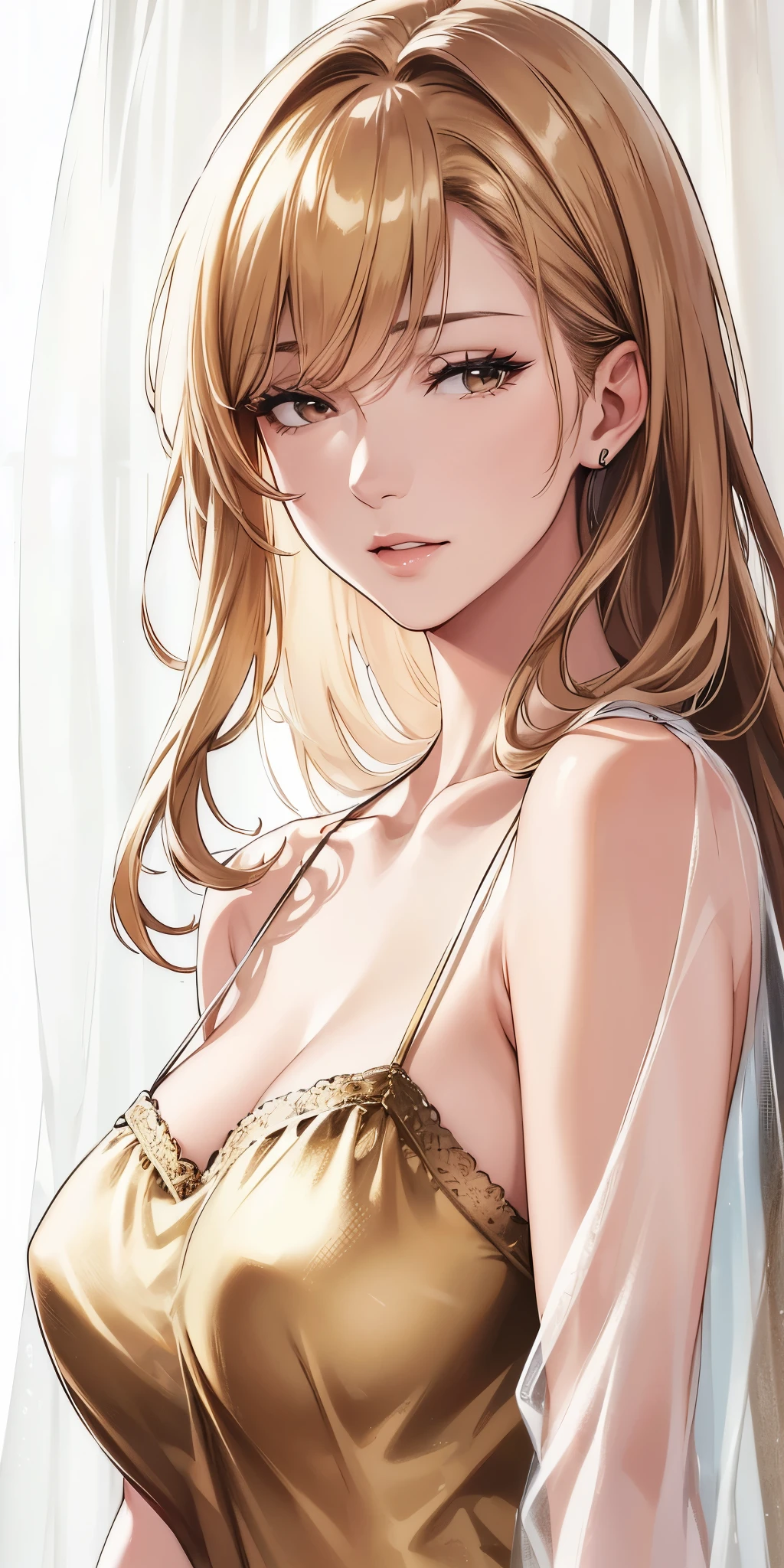 (best quality, highres), portrait, upper body, elegant type adult woman, brown eyes, long hair, swept-side bang, [[brown hair]], (blonde hair), broad shoulders, transparent slip dress, see through slip dress, white curtain, ultra detailed cg 8k