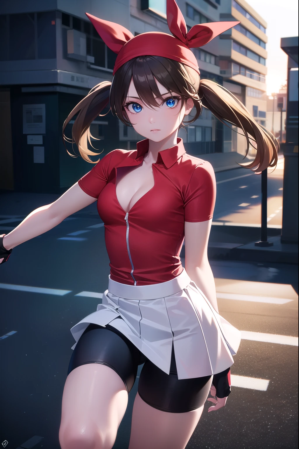 blue eyes, brown hair, bandana, long hair, red bandana, twintails, hair between eyes, (small breasts:1.2), tight bike shorts, collared shirt, fingerless gloves, microskirt, multicolored shirt, pencil skirt, red shirt, shirt, short sleeves, tight skirt, white skirt, looking at viewer, upper body, full body, outdoors, city, sky, sun, (masterpiece:1.2), best quality, high resolution, unity 8k wallpaper, (illustration:0.8), (beautiful detailed eyes:1.6), extremely detailed face, perfect lighting, extremely detailed CG, (perfect hands, perfect anatomy), exposed cleavage, suggestive pose, tight clothing, glowing skin, sensual expression, dynamic pose, flowing hair, wind-blown, high resolution, high dynamic range, realistic textures, detailed background, depth of field, bokeh, volumetric lighting, subsurface scattering, global illumination, ray tracing, ambient occlusion, screen space reflections, chromatic aberration, ultra-realistic, hyper-realistic