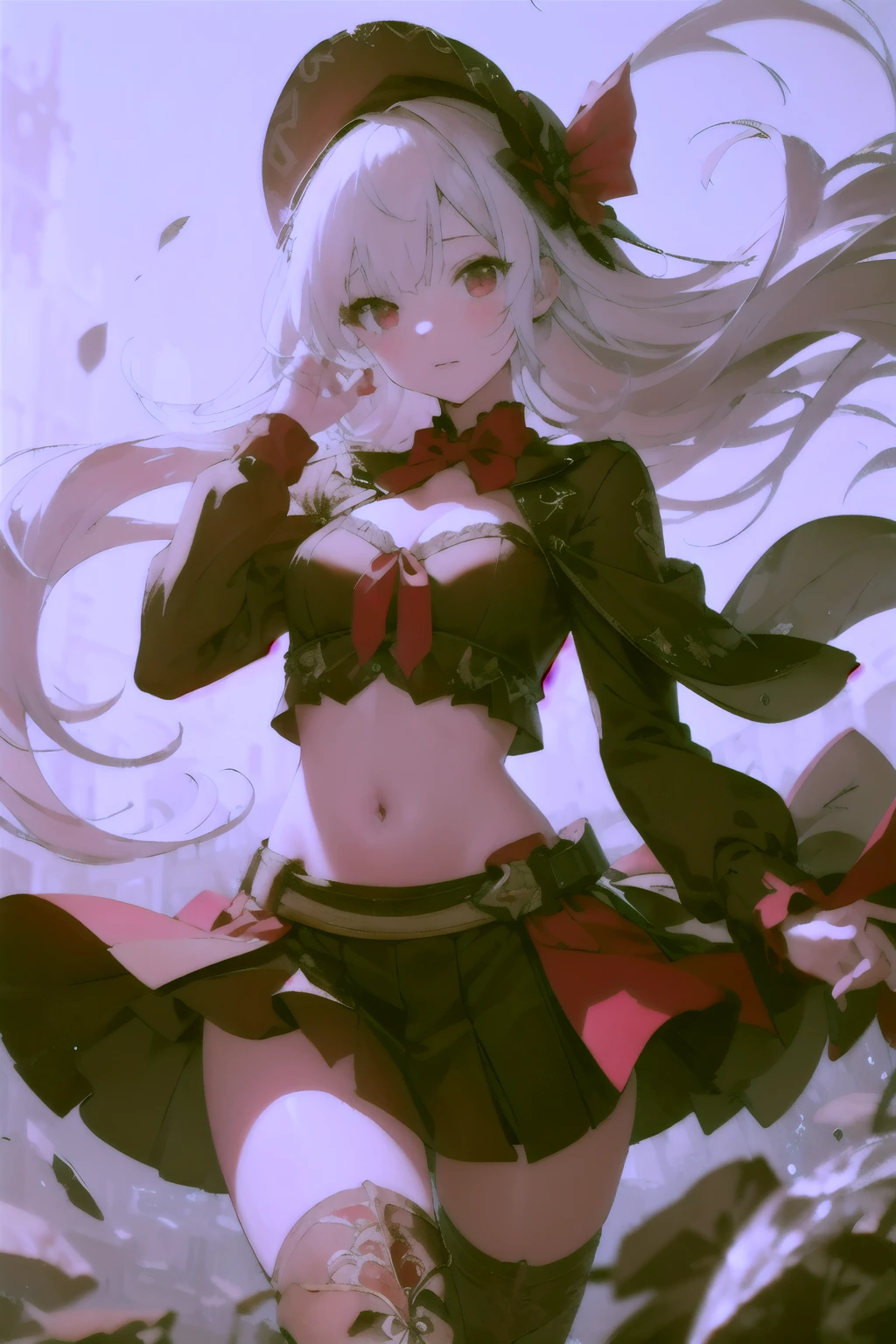 beautiful illustration, best quality, cute  girl, (transform sequence), transform magical girl, chibi, white magical girl, fractal art, albino, babyface, long pure white and red mesh hair, beautiful detailed red eyes, cinematic lighting, cowboy shot, looking at viewer, from bottom, happy, suggestive pose, thigh-high boots, short skirt, cleavage, exposed midriff, glowing skin, sparkles, glitter, translucent fabric, revealing outfit, dynamic pose, flowing hair, wind-blown, high resolution, high dynamic range, realistic textures, detailed background, depth of field, bokeh, volumetric lighting, subsurface scattering, global illumination, ray tracing, ambient occlusion, screen space reflections, chromatic aberration, ultra-realistic, hyper-realistic