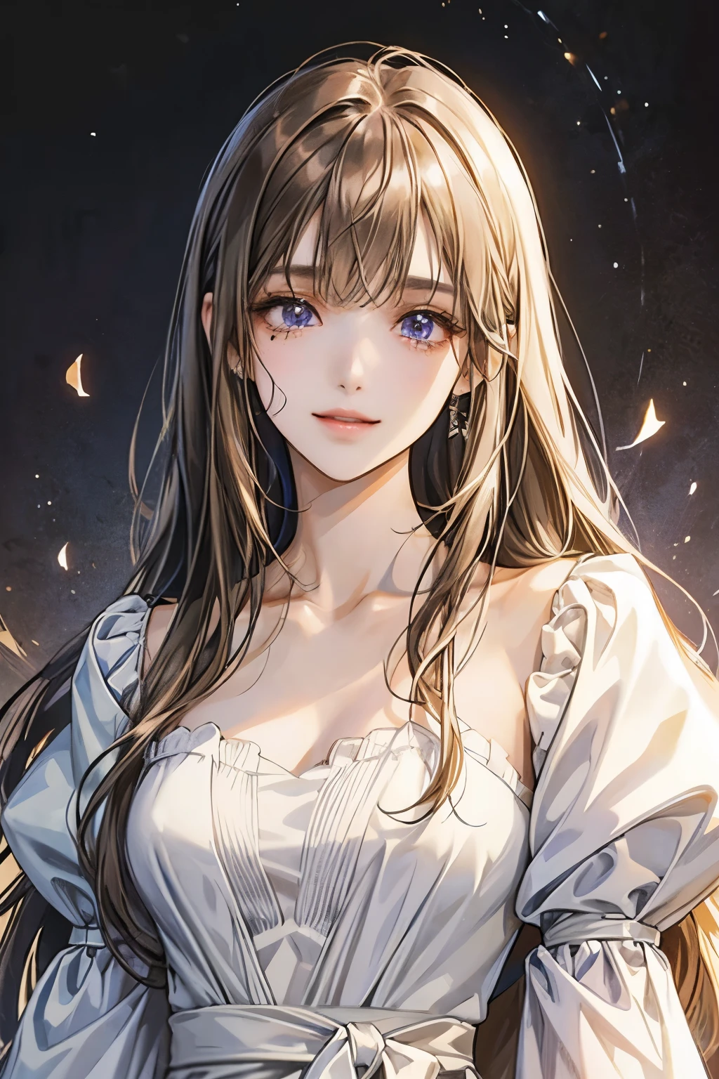 droopy eyes、smile、 female、straight hair、((long hair girl))、Girl with bangs、detailed face、pretty face、((best image quality))、mole、white dress、hair arrangement、half up、simple background、stand、stand女の子、まっすぐstand、1 girl、purple eyes、kind face、Gentle colors、brown hair、cat mouth、white background、put hair in ears