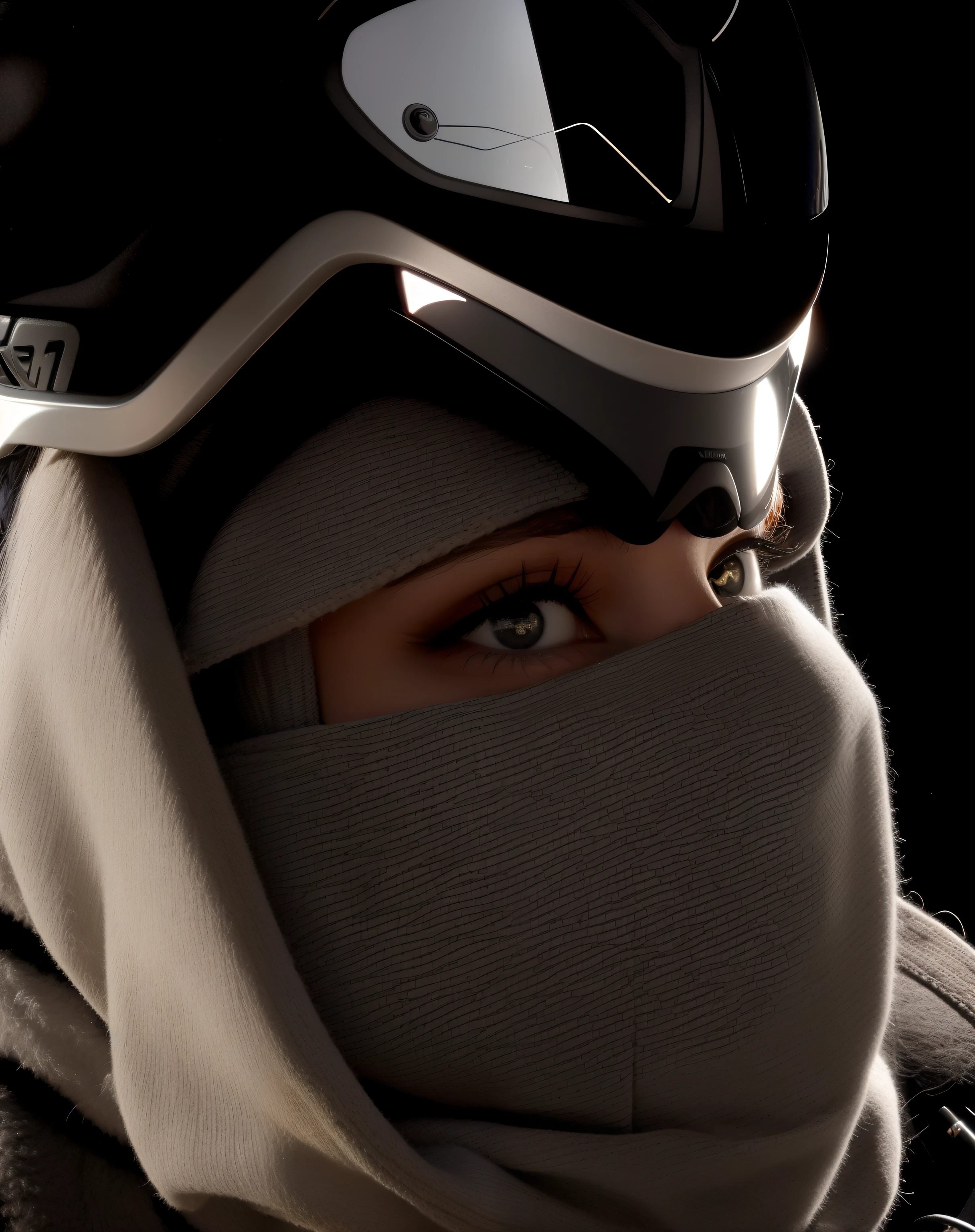 Femme noire arafed portant un foulard et des lunettes avec une capuche sur le visage, masque de ski, masque de ski, masque de skis, cagoule covering face, cagoule, visière foncée couvrant le visage, gros plan portrait, Dark visor covering the upper face, gros plan, portrait, Yeux brillants dans le casque, gros plan portrait, rendu d'octane noir