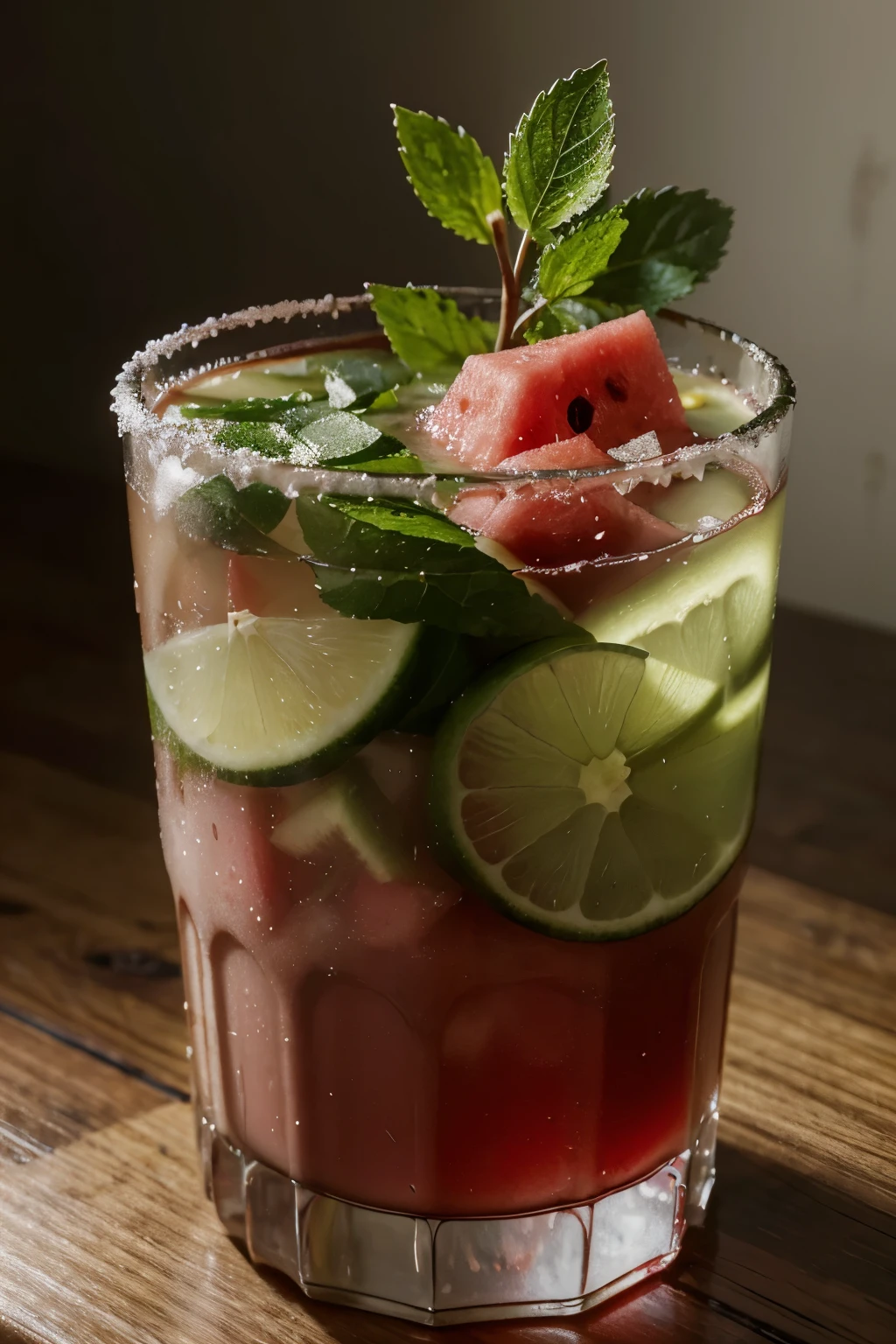 a glass of watermelon juice, rosa, efecto congelado, En una bandeja de madera, junto a dos limones y hojas de menta, pajitas verdes y rojas, super realistic food image, tema completo mostrado en la foto,, Randy Post , hyper realistic &citar;, hyper realistic&citar;, high resolution photo, anime, chica bonita 2d