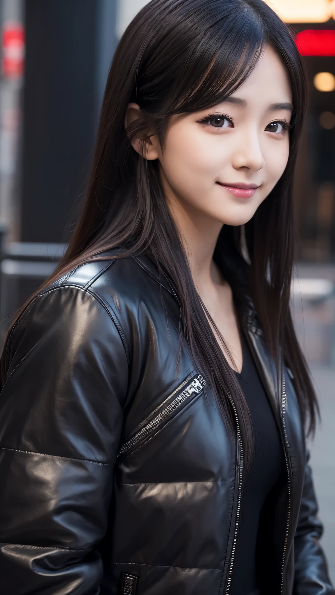 japanese girl, 20-year-old, dark makeup, detailed face, long hair, black hair, beautiful eyes, realistic, face close up, smile, sexy pose, (Down jacket), leather pants, long sleeve, 8k, cinematic, sexy girl, Tokyo Station