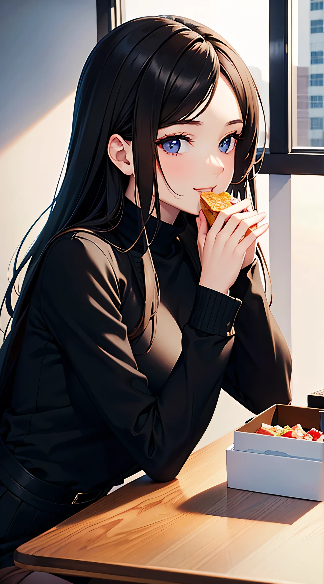 masterpiece, highest quality, perfect artwork, perfect woman image, dramatic shadow, (perfect hands), ((cute face)), beautiful face, beautiful girl, eating lunch,office lady,smile,photo from a distance,looking to the side,black turtleneck