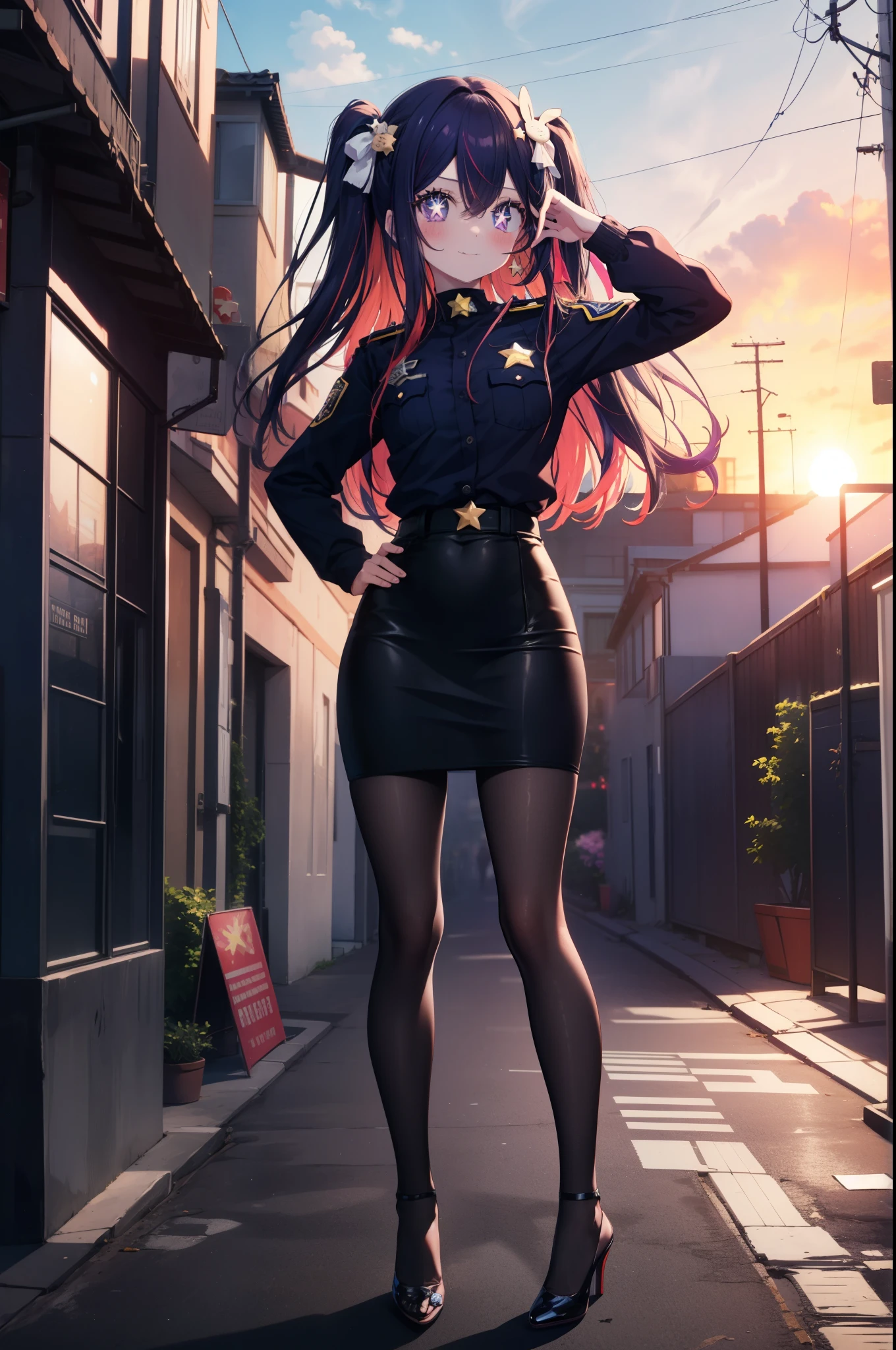 AiHoshino, Ai Hoshino, hair between eyes, hair ornaments, hair ribbon, long hair, one side up, (purple eyes:1.1), purple hair, rabbit hair ornaments, (star-shaped pupil:1.5), pupil in the shape of a symbol,
smile,blush,open your mouth,sexy police uniform,black pencil skirt,black pantyhose,stiletto heels,The girl salutes with her left hand,Place your right hand on your hip.,look up,sunrise,morning,sun, break outdoors, city,building street, break looking at viewer,
break (masterpiece:1.2), highest quality, High resolution, unity 8k wallpaper, (figure:0.8), (detailed and beautiful eyes:1.6), highly detailed face, perfect lighting, Very detailed CG, (perfect hands, perfect anatomy),