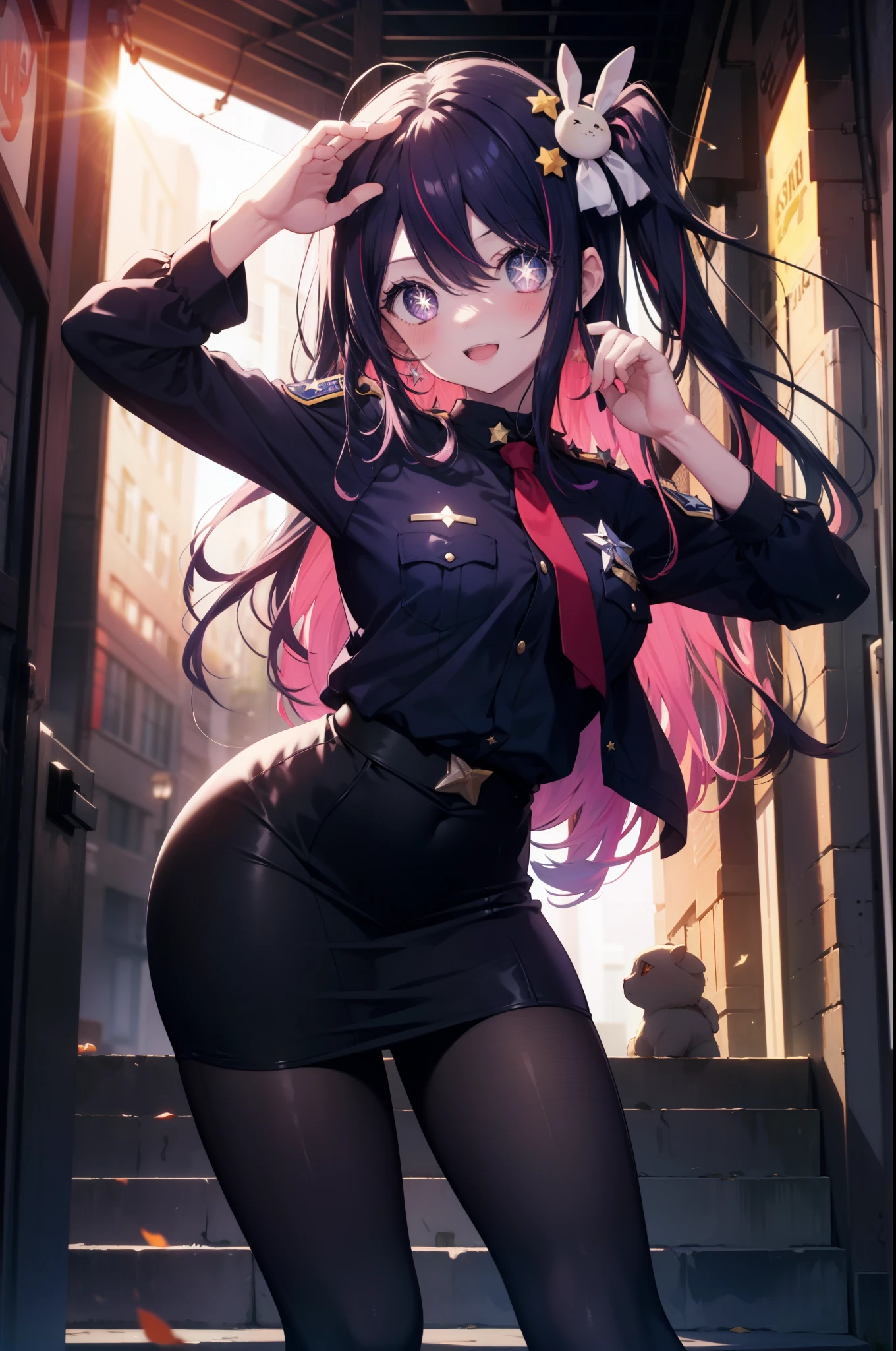 AiHoshino, Ai Hoshino, hair between eyes, hair ornaments, hair ribbon, long hair, one side up, (purple eyes:1.1), purple hair, rabbit hair ornaments, (star-shaped pupil:1.5), pupil in the shape of a symbol,
smile,blush,open your mouth,sexy police uniform,black pencil skirt,black pantyhose,stiletto heels,The girl salutes with her left hand,Place your right hand on your hip.,look up,sunrise,morning,sun, break outdoors, city,building street, break looking at viewer,
break (masterpiece:1.2), highest quality, High resolution, unity 8k wallpaper, (figure:0.8), (detailed and beautiful eyes:1.6), highly detailed face, perfect lighting, Very detailed CG, (perfect hands, perfect ???????),