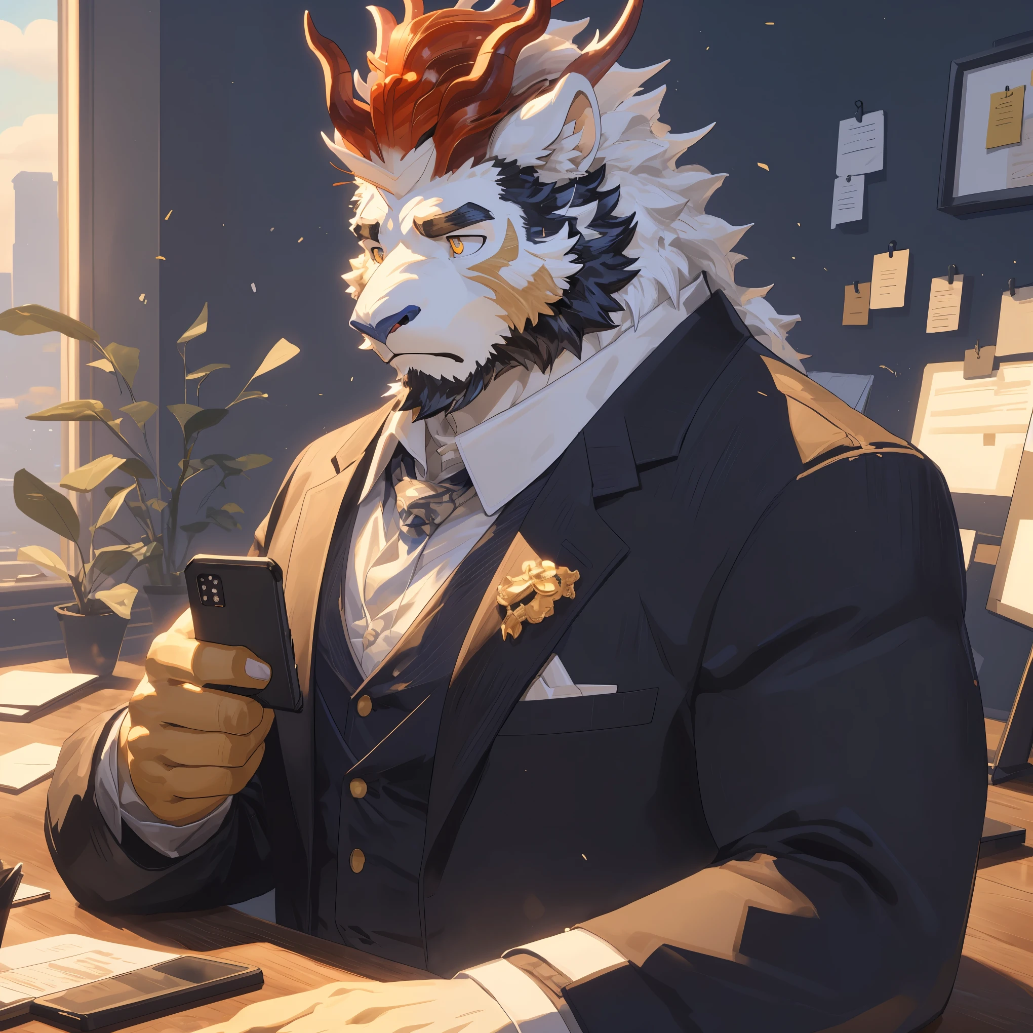 (Kirin:1.5),(Suit:1.5),32k high quality detailed art,(Kirin:1.1), (((white fur:1.8))),(white cool color),(Gold and blue different color eyes:1.2),(muscular body:1.2),Handsome,(OK),(perfect face),(despair:1.1),(golden and white skin:1.6),(office background:1.6),(Full body close-up:1.5),Publaz, (Kirin:1.1),(((Neat and decent body:1.5))),Handsome, (OK),Express,(office background:1.4),(eyes:1.3),(Kirin tail),不同的Express,(perfect masterpiece),(32k),(abdominal muscles:1.3),(((young:1.4))),(21 years old),(alone),(Golden sideburns:1.5),(Golden-bearded:1.3),(black chin:1.3),(black and white face:1),(Very rich facial details:1.3),(Strong),(Half body),(front view),(cg),(HD),(serious expression:1.6),(White lines:1.4),(scales:1.3),(white ears:1.4),(自信的eyes:1.4),(Domineering pose),(bird&#39;s eye view),(holding mobile phone in hand),(President)