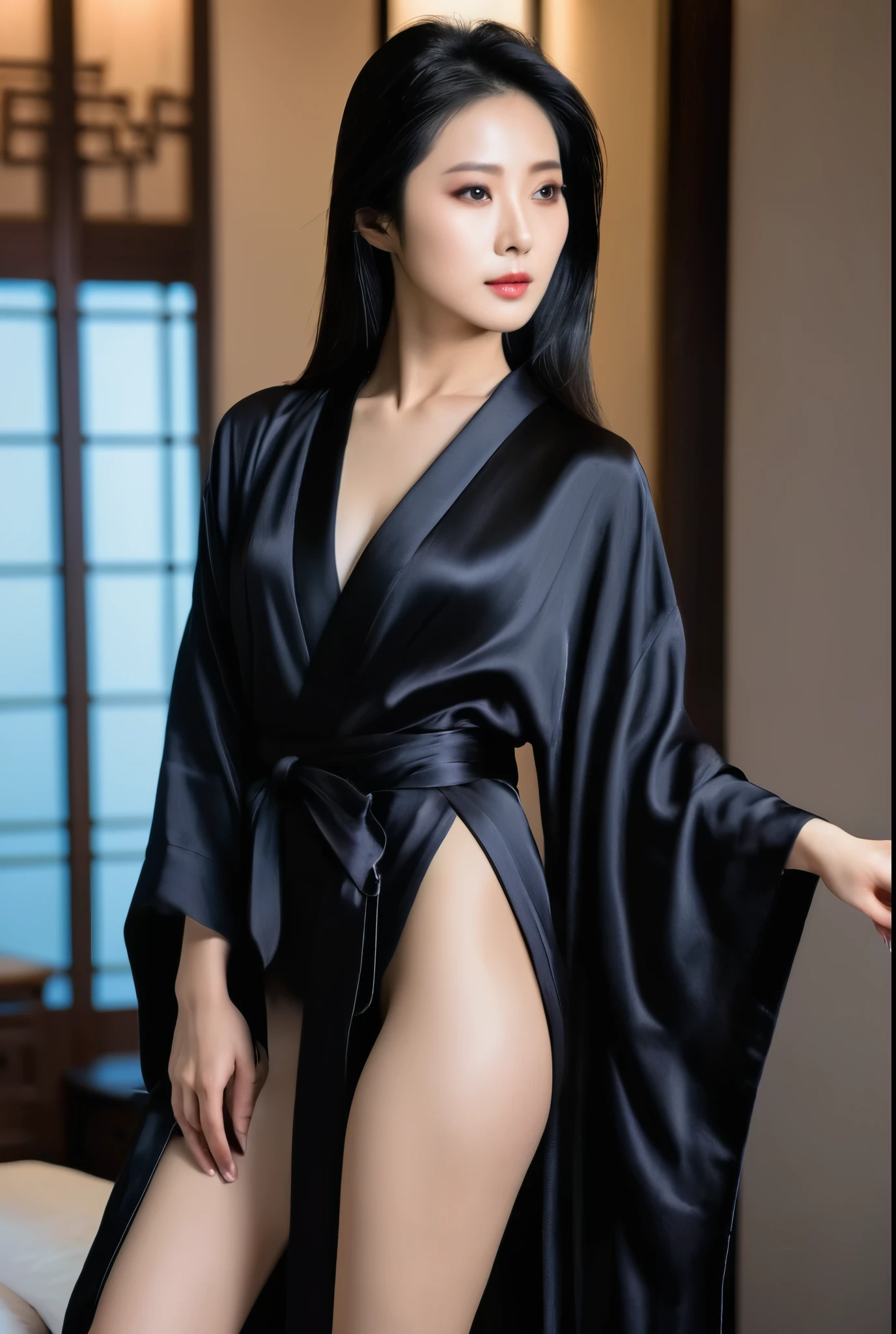 whole body:1.5),(1 girl:1.3),(show viewer:1.4),(correct anatomy:1.4),(beautiful long legs:1.3),(Standing 1.2),8k、backwards、Look back here、RAW photo、highest quality、There is a woman wearing a black dress taking a photo., wearing a black silk robe, wearing a dark silk robe, wearing a black robe, wearing a black silk robes, Close up half body shot, asian women, side view!, pose in the bedroom, Chinese female, Black-haired Sui Ishida, elegant japanese woman, korean woman,