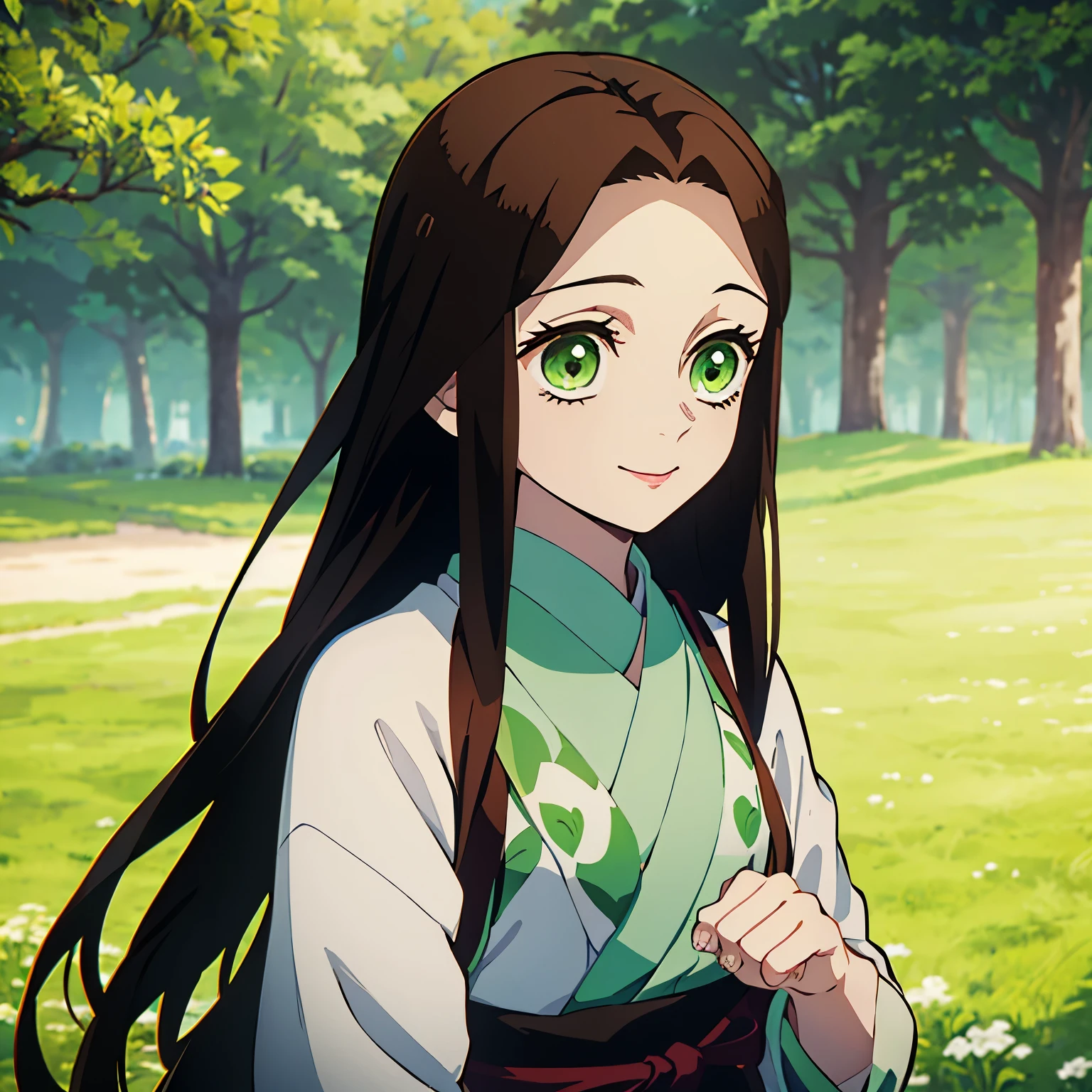 (Best quality:1.3), (a woman:1.1), (green eyes:1.2), (brown long straight hair:1.4) In the world of Kimetsu no Yaiba, a girl with brown hair and green eyes is the sister of Mitsuri Kanroji and shares similarities with her. Her hair falls in soft waves around her face, with loose strands framing her delicate features. Like her sister, she has a kind and welcoming presence, with a warm smile that lights up her face. Her green eyes shine with a spark of determination, reflecting her strong will and compassion for others. While she may not be as outgoing as Mitsuri, she possesses an equally impressive inner strength, ready to protect those she loves with bravery and sacrifice. Sola, en primer plano (hapiness:1.5)