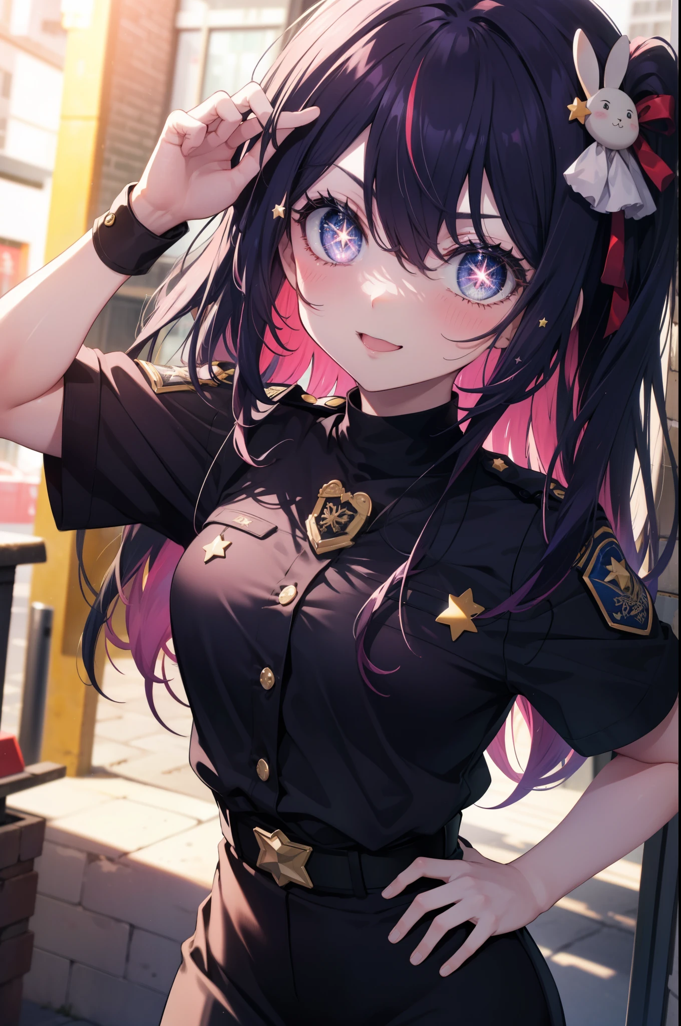 AiHoshino, Ai Hoshino, hair between eyes, hair ornaments, hair ribbon, long hair, one side up, (purple eyes:1.1), purple hair, rabbit hair ornaments, (star-shaped pupil:1.5), pupil in the shape of a symbol,
smile,blush,open your mouth,sexy police uniform,black pencil skirt,black pantyhose,stiletto heels,The girl salutes with her left hand,Place your right hand on your hip.,look up,sunrise,morning,sun, break outdoors, city,building street, break looking at viewer,
break (masterpiece:1.2), highest quality, High resolution, unity 8k wallpaper, (figure:0.8), (detailed and beautiful eyes:1.6), highly detailed face, perfect lighting, Very detailed CG, (perfect hands, perfect anatomy),