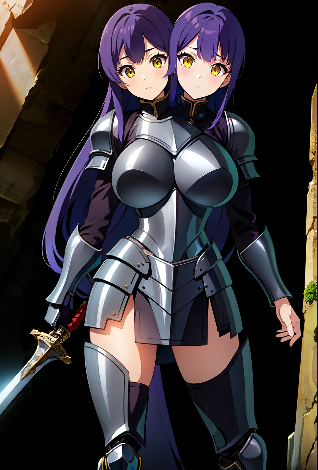 (masterpiece),(ultra-detailed), (high quality), (high resolution), (best quality:1.5, highres, UHD), highres, absurdo, ultra detail, ultra quality, (2heads:1.5), 1girl, (long hair), purple hair, thighs, (gray armor), female warrior, (fully armored), (medieval outfit), sword, armored chest piece, gorgeous female knight, Guild Clothes with Armor, cave, yellow eyes