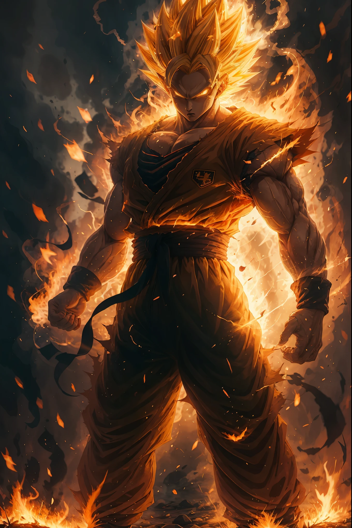 Super Saiyan one,1boy,artist name,aura,blonde hair,clenched hand,clenched hands,debris,dougi,electricity,embers,fire,gloves,glowing,male focus,muscular,orange background,solo,spiked hair,standing,teeth,torn clothes,veins,watermark