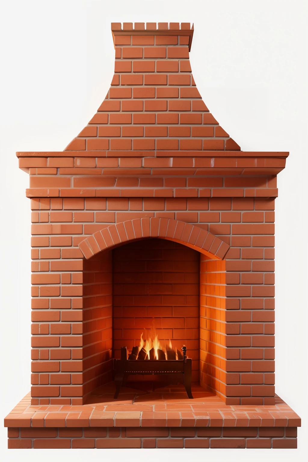 fireplace with brick hearth and fire place on white background, chimney, brick, fireplace, fire place roaring, traditional fireplace, high quality realistic, high quality 3d realistic, warm fireplace, hd detailed texture, hd illustration, foreground background, solid background, irori fireplace, isolated background, clean background, smokey chimney, background artwork, detailed realistic, highly detailed realistic