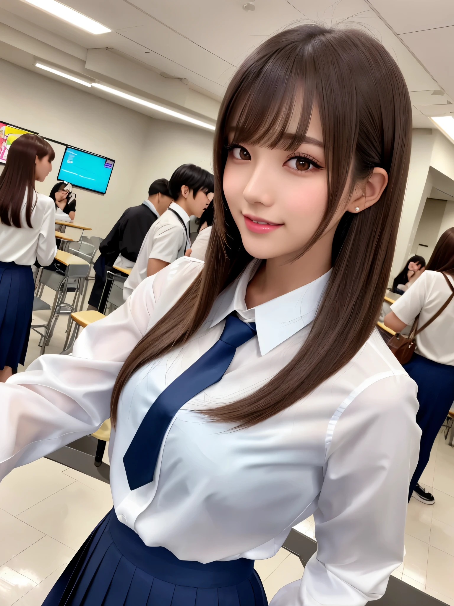 product quality, 1girl, upper body shot, front view, a Japanese young pretty girl, long bob hair, standing with a big smile in a crowded high school cafeteria, glamorous figure, wearing a white collared shiny satin shirt of long sleeves, shiny satin dark blue plain long tie, dark blue pleated skirt, hyper cute face, glossy lips, double eyelids in both eyes, natural makeup, long eyelashes, shiny smooth light brown long bob hair, asymmetrical bangs, a tanned skin, central image, high resolution, high detail, detailed hairstyle, detailed face, spectacular cinematic lighting, octane rendering, vibrant, hyper realistic, perfect limbs, perfect anatomy