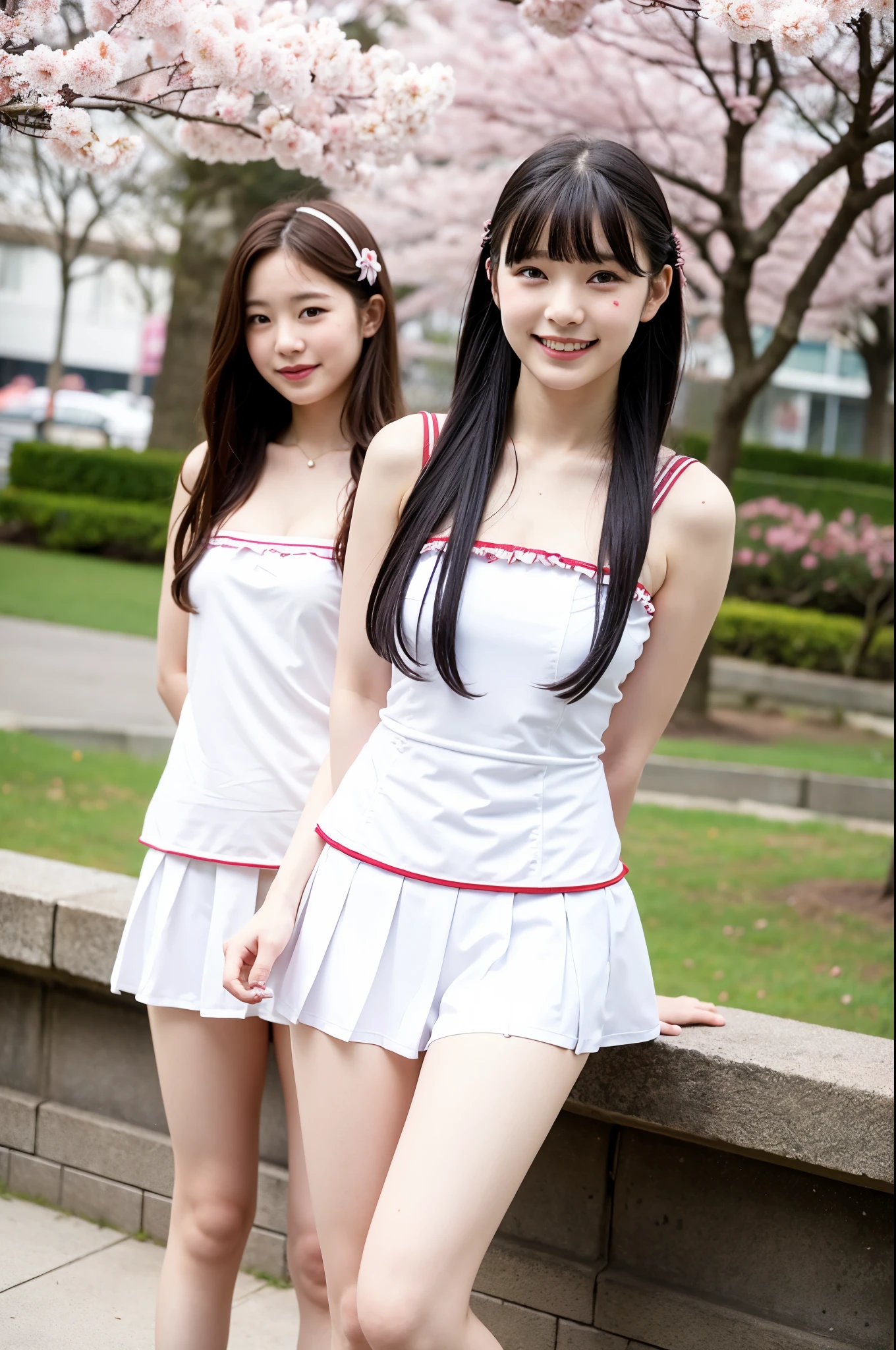 2 girls standing in old-Japan park,v-neck sleeveless white school swimsuit with red trim with thin ribbion bow,single flower accessories on hair,18-year-old,bangs,a little smiles,thighs,
knees,short cut hair,low ponytail,from below