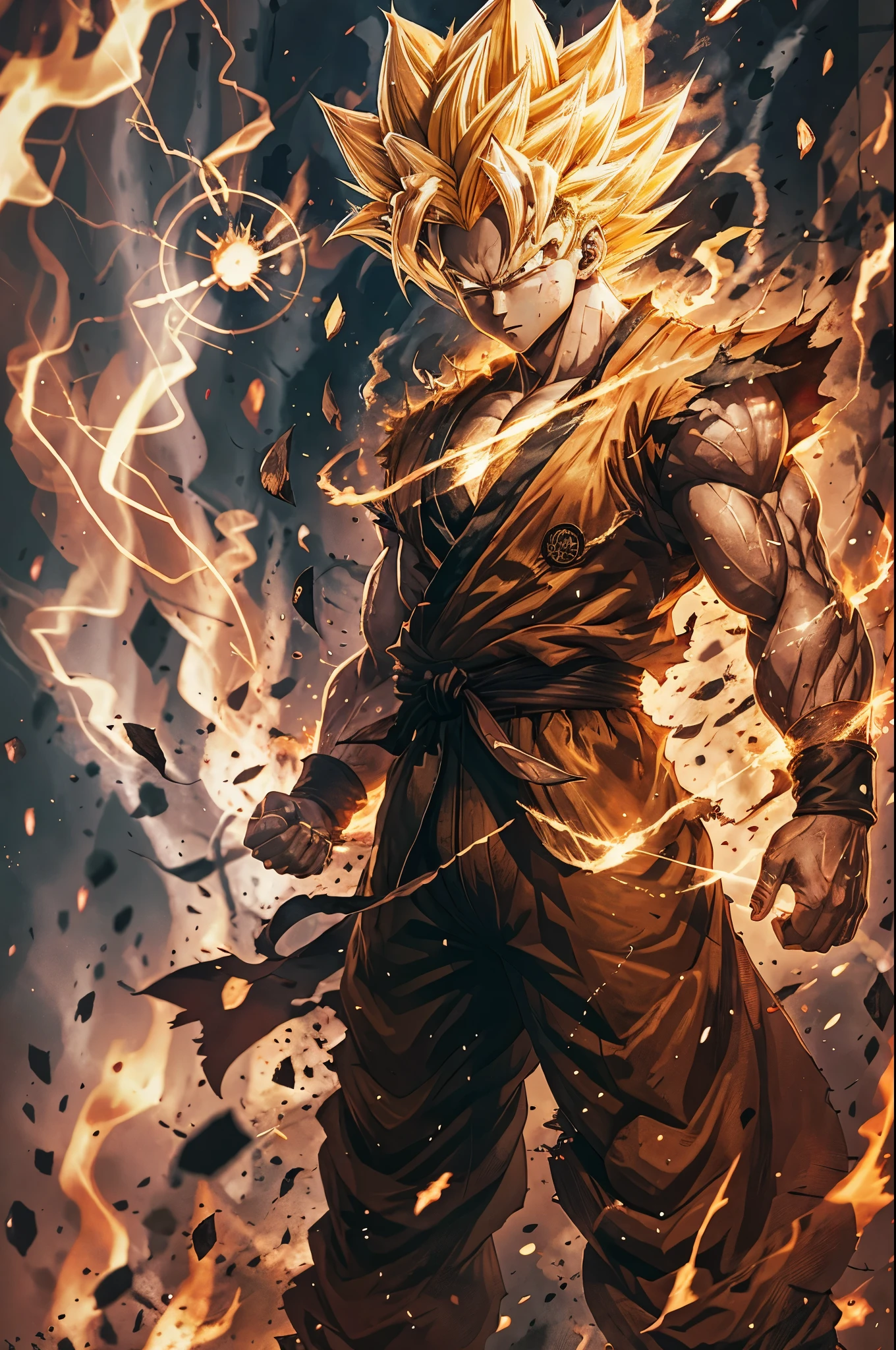 Super Saiyan one,1boy,artist name,aura,blonde hair,clenched hand,clenched hands,debris,dougi,electricity,embers,fire,gloves,glowing,male focus,muscular,orange background,solo,spiked hair,standing,teeth,torn clothes,veins,watermark