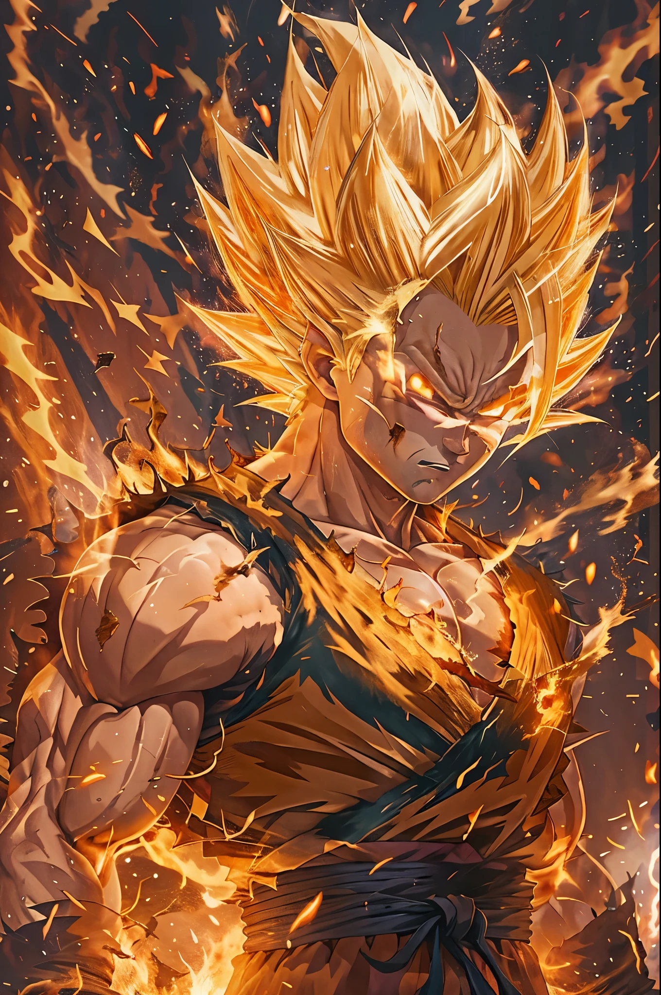 Super Saiyan one,1boy,artist name,aura,blonde hair,clenched hand,clenched hands,debris,dougi,electricity,embers,fire,gloves,glowing,male focus,muscular,orange background,solo,spiked hair,standing,teeth,torn clothes,veins,watermark