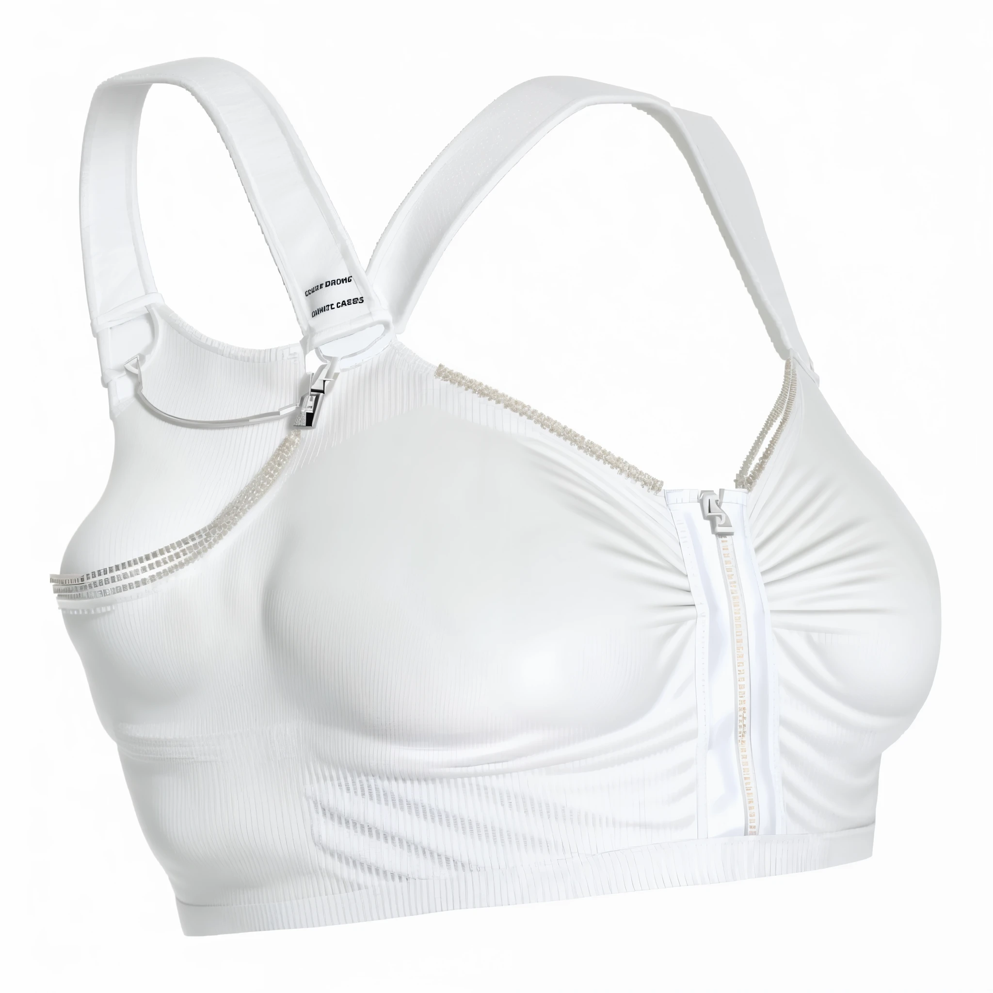 a close up of a white bra top with a zipper, bra, white bra, sport bra, training bra, sports bra, bra strap, full lenght view. white plastic, tight push up bra, maxar, detailed sports bra, aurora, open v chest clothes, buxom, push-up underwire, peach, push-up underwire. intricate