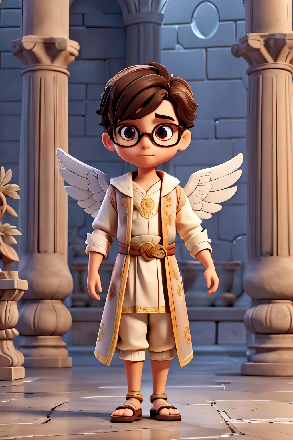 An intellectual gender neutral angel with glasses perched on the nose . Bright and inquisitive eyes, searching for answers to life's biggest questions. Scholarly ancient robes adorned with intricate patterns of ancient symbols. Sleek and streamlined wings, feathers rustling like pages turning in the wind. Eye Contelligent brown. Hair Color/Style: Dark mid length brown hair styled neatly, with a hint of scholarly dishevelment. Completing the look with ancient Greek and Rome robe and sandals.Full body shot, mid-wide shot. T-pose.