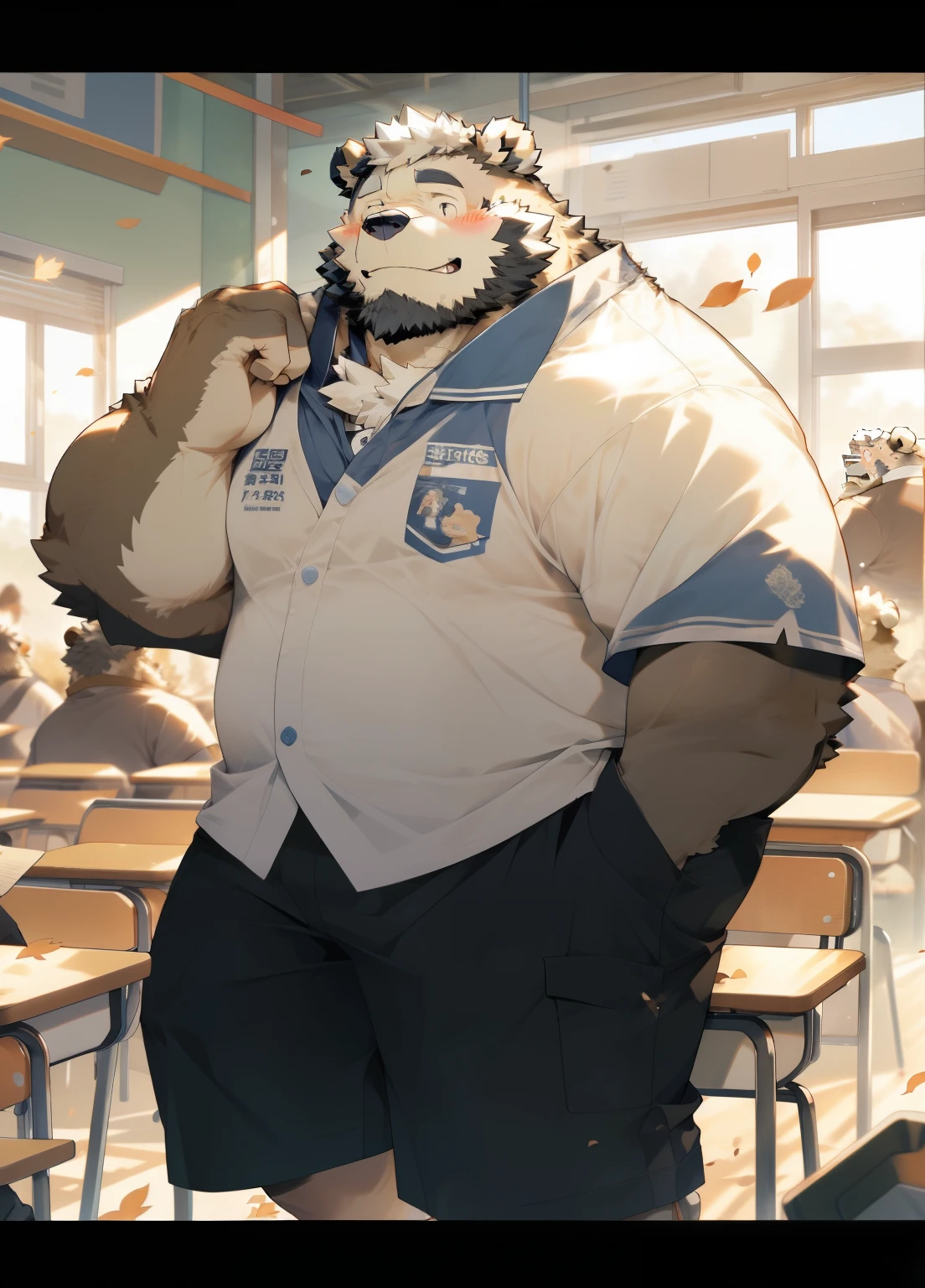 hairy,(Bear,White short sleeves,roll up sleeves,shorts),beard,white fur,male,Common,full-body shot, dynamic poses,There are fallen leaves,Sunlight,in the classroom,in the groundroom,ground,in the classroom,close eyes,blush,Smile,Detailed background,极其lifelike阴影,masterpiece,Very detailed,lifelike