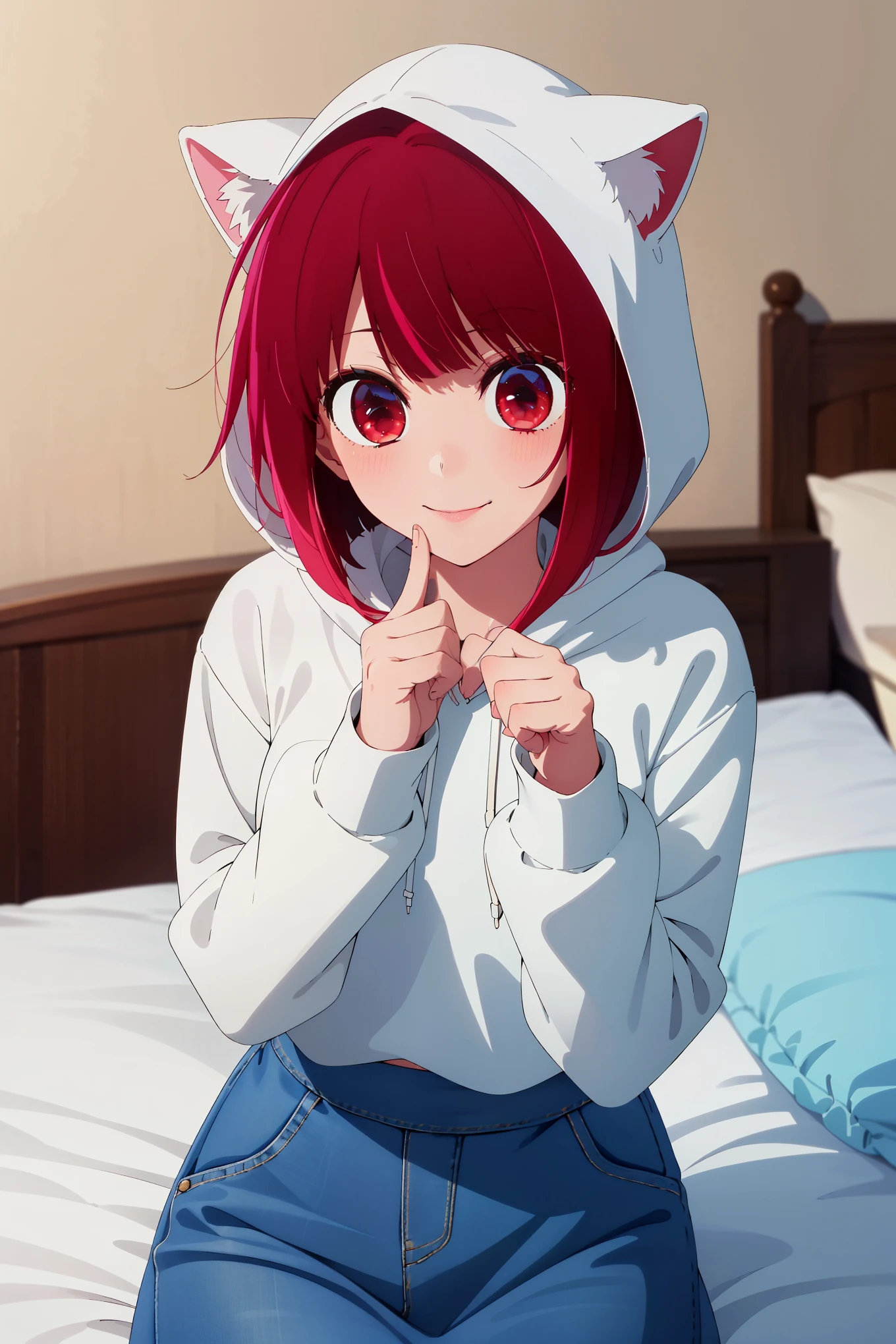 masterpiece, highest quality, ultra high resolution, highest quality, anime style, best writing, beautiful face, masterpiece, very detailed, (1 girl:1.2), redhead, (white hoodie:1.3), hood up, cat ears, (denim long skirt:1.3 maxi length:1.3), short hair, free pose, close up, best smile, indoor, bedroom, sit on bed