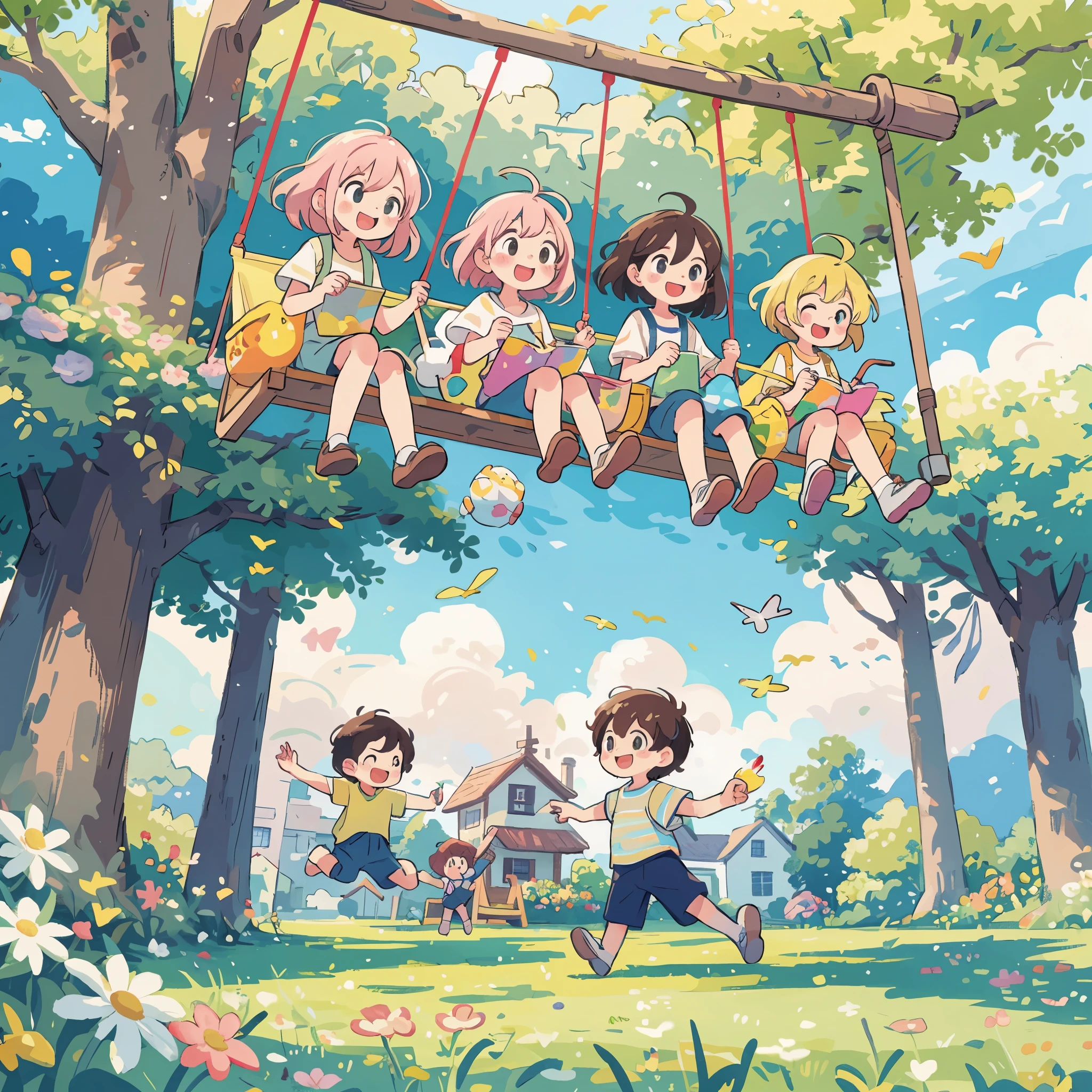 best quality,4k,highres,masterpiece:1.2,ultra-detailed,realistic:1.37,illustration,pastel colors,soft lighting,playful children,joyful atmosphere,happy expressions,sunny day,grass and flowers,treehouse,slide and swing,set of colorful paints and brushes,children playing together,splashes of paint,flying kites,smiling sun,fluffy clouds
