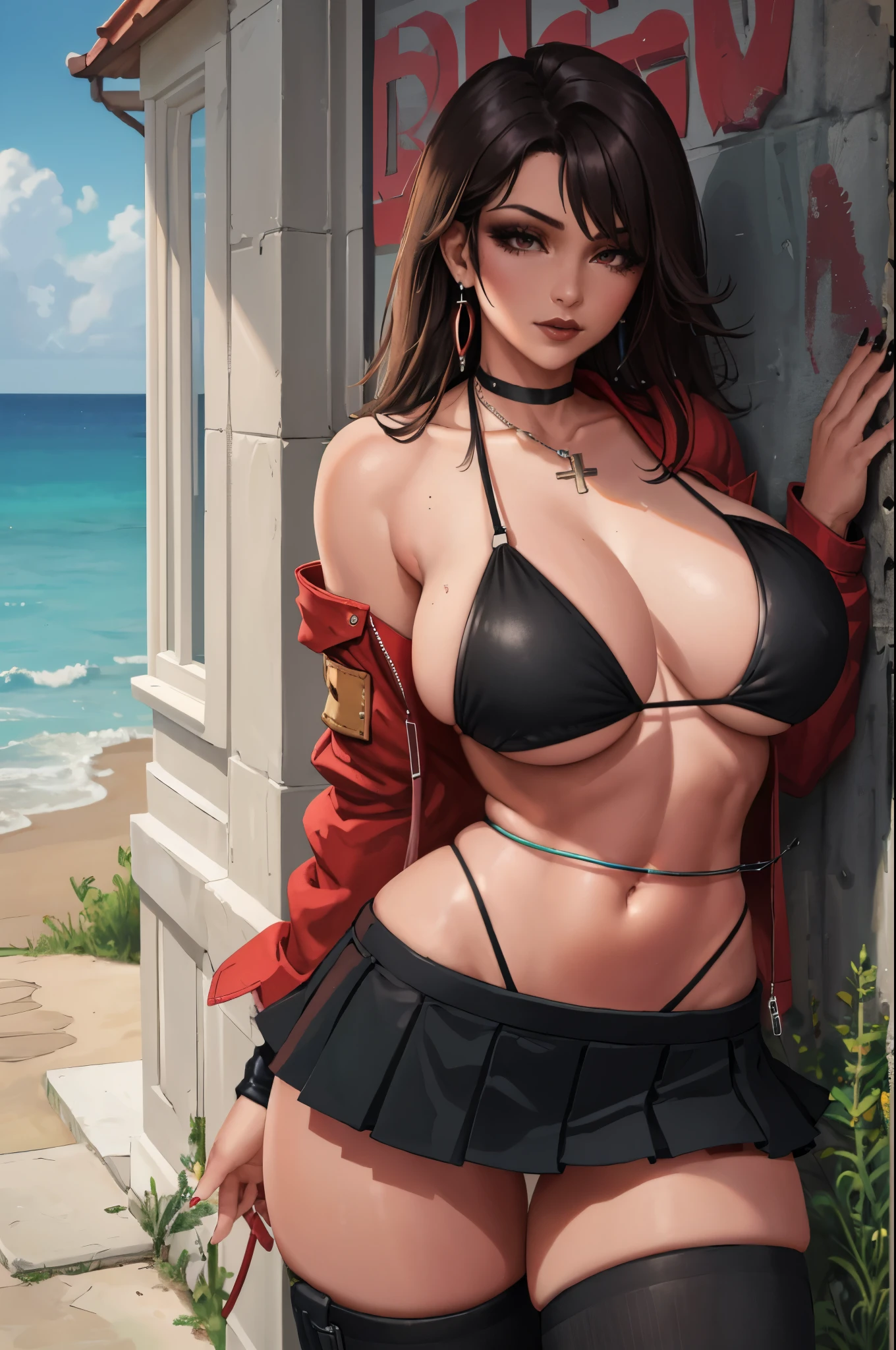 beautiful, (masterpiece:1.2), (best quality:1.2), perfect lighting, perfect eyes, perfect face, 1girl, bikini, bikini under clothes, black bikini, black choker, black gloves, black hair, black lips, black nails, black skirt, breasts, choker, cleavage, cropped jacket, cross, earrings, eyeliner, eyeshadow, fingerless gloves, gloves, hand on hip, highleg, highleg bikini, huge breasts, jacket, jewelry, lips, lipstick, long hair, makeup, microskirt, miniskirt, navel, open clothes, open jacket, red eyes, skirt, sleeves pushed up, solo, standing, striped, striped bikini, striped thighhighs, swimsuit, thighhighs, thighs, underboob