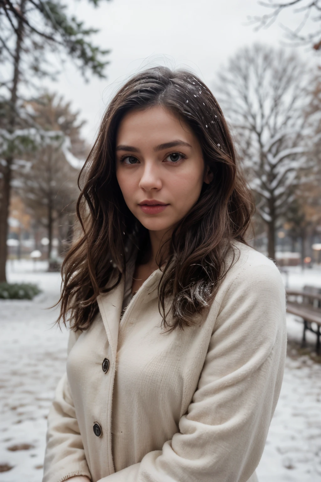 professional portrait photograph of a gorgeous girl in winter clothing with long wavy brunette hair, sultry flirty look, gorgeous symmetrical face, cute natural makeup, wearing elegant warm winter fashion clothing, ((standing outside in snowy park)), stunning environment, ultra realistic, concept art, elegant, highly detailed, intricate, sharp focus, depth of field, f/1. 8, 85mm, medium shot, mid shot, (((professionally color graded))), bright soft diffused light, (volumetric fog), trending on instagram, hdr 4k, 8k