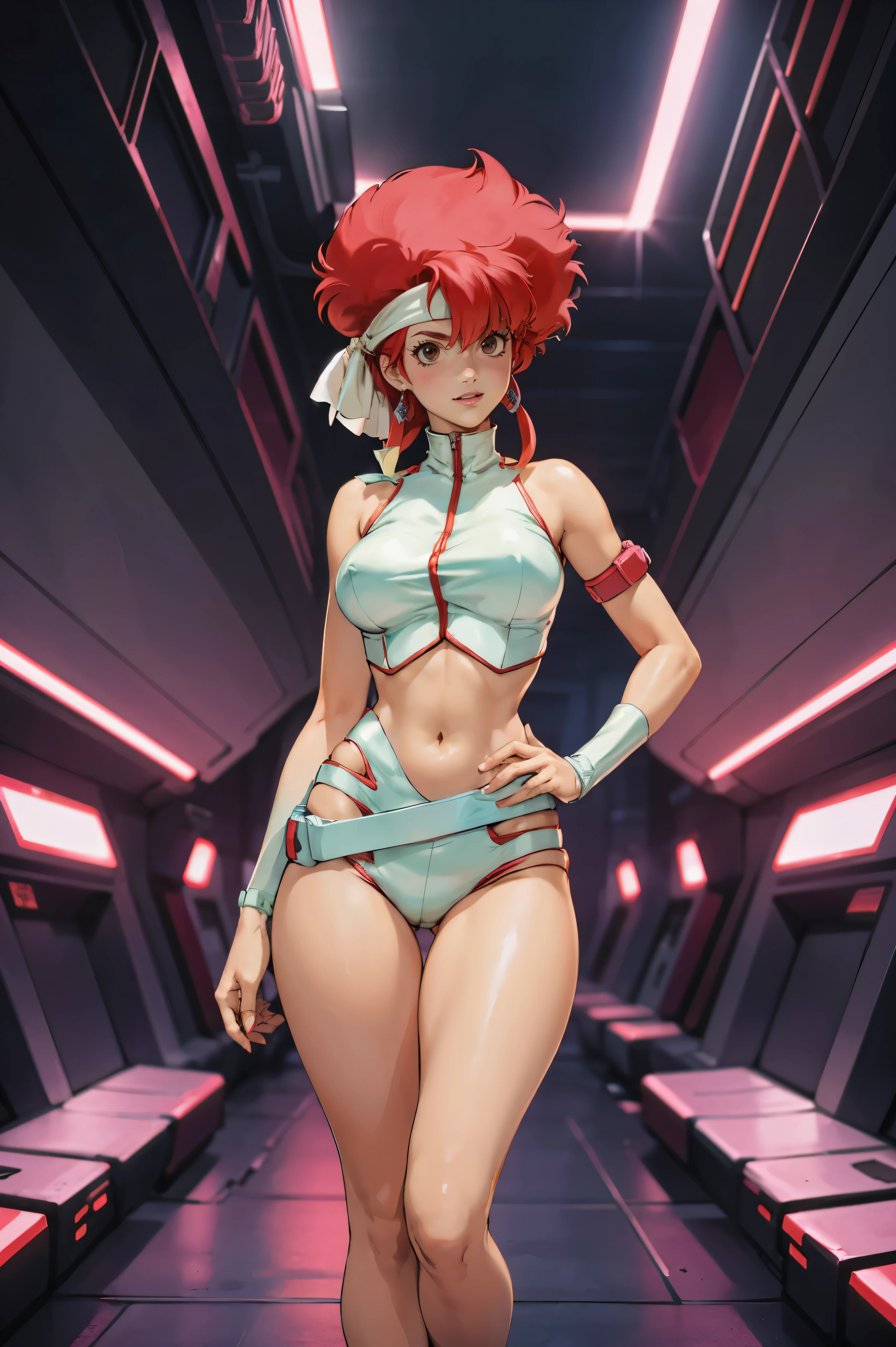 Kei from The Dirty Pair, , wearing a tight outfit, frame, legs, medium breast, red hair beauty, cyberpunk city background, holding retro space-gun, headband, slim waist, slim thighs, thigh gap