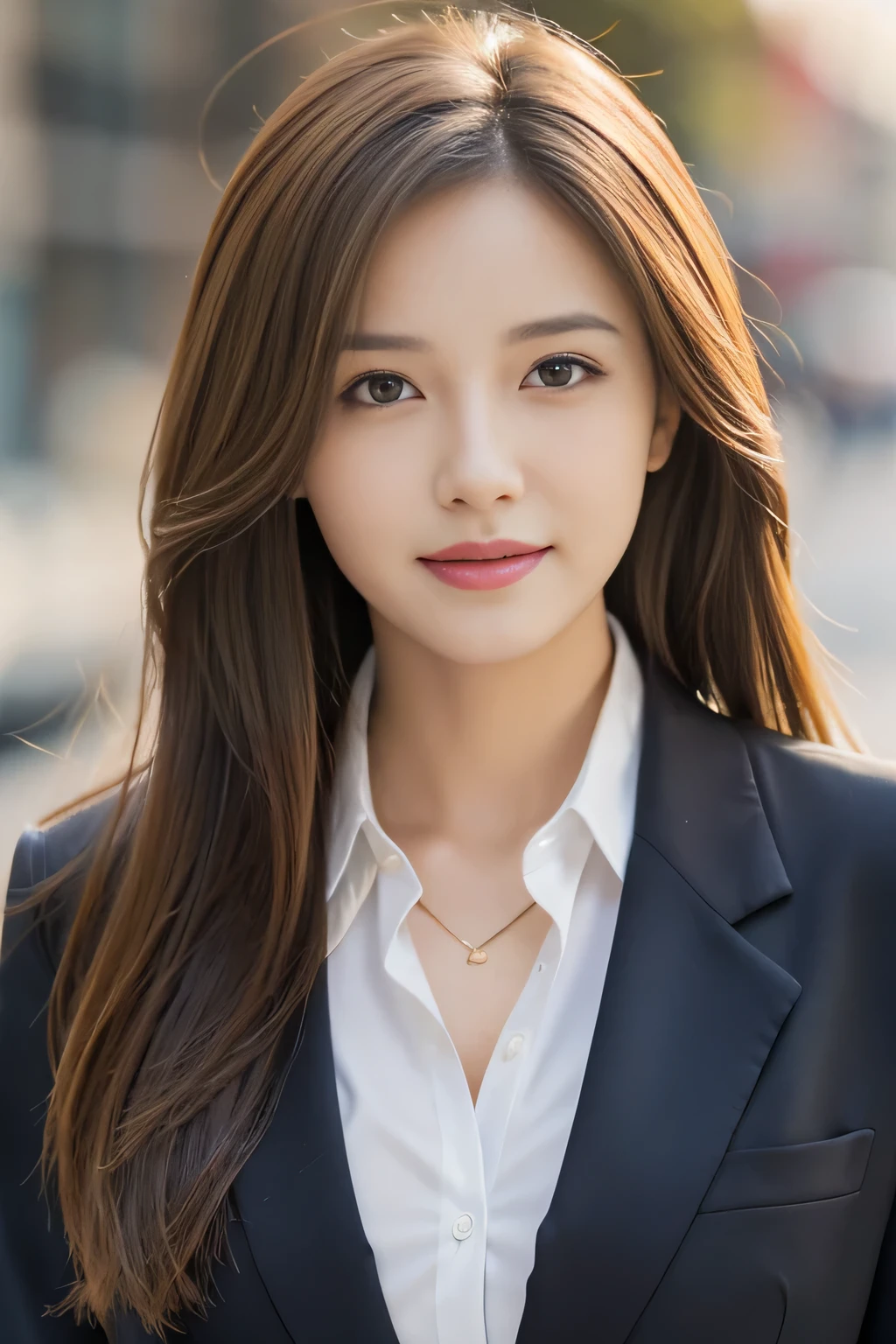 table top, highest quality, realistic, Super detailed, finely, High resolution, 8k wallpaper, 1 beautiful woman,, light brown messy hair, wearing a business suit, sharp focus, perfect dynamic composition, beautiful and detailed eyes, thin hair, Detailed realistic skin texture, smile, close-up portrait, model body shape