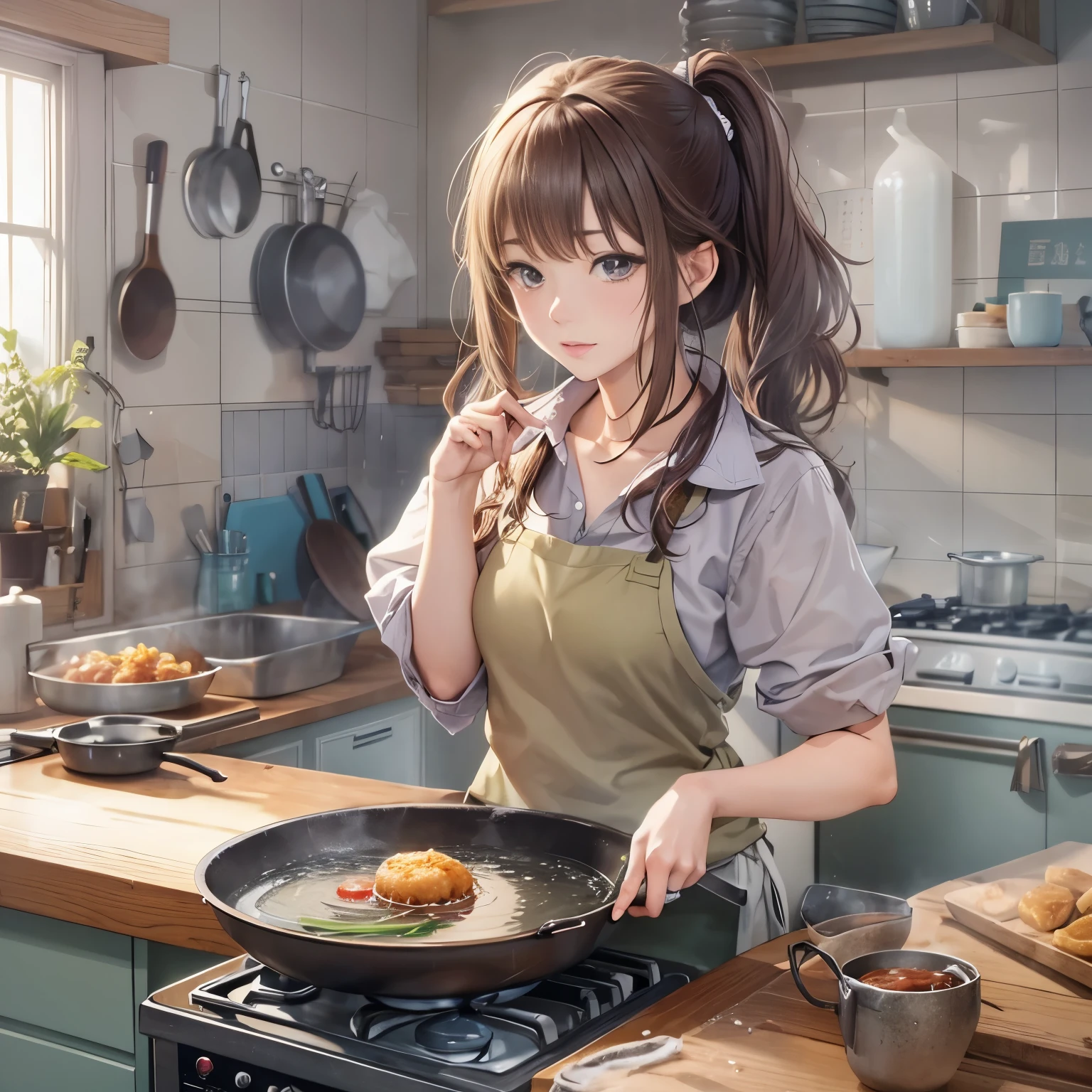 realistic anime picture、simple background、woman with frying pan、kitchen