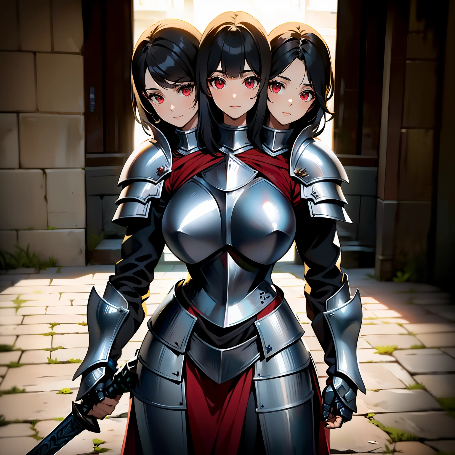 (masterpiece),(ultra-detailed), (high quality), (high resolution), (best quality:1.5, highres, UHD), highres, absurdo, ultra detail, ultra quality, (3heads:1.5), 1girl, (black hair), thighs, (gray armor), female warrior, (fully armored), (medieval outfit), (red eyes), sword, armored chest piece, gorgeous female knight, Guild Clothes with Armor, Fantasyart:1.5, (1 Female Knight:1.5), Detailed and detailed depiction armor