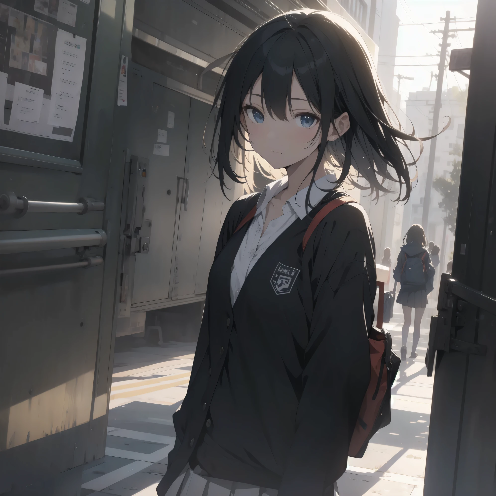 Super absurd quality by the god of art, super detailed, High resolution, anime moe art style, Best Anime 8K Kona-chan Wallpaper, pixiv contest winner, perfect anatomy, break,(眠そうにalone学校へ行く女の子を描いてください. )break,1 girl, (alone,little woman, cute face, 13 years old:1.3),All limbs, full finger,, The charm of an immature body, (very_short hair), Bang, flat chest, small ass, between legs, small black eyes, detailed and beautiful eyes, Well-proportioned iris and pupils, expressive eyes, High resolutionの詳細な髪, neck ribbon, shirt, collared shirt, skirt, pleated skirt, school uniform, (detailed lighting), (detailed background), On the way to school. break,super dense skin, Best cinematic lighting powered by famous artist, 8k,Beauty Illustration,photoshop_(Moderate),Absurd Hi-Res,Hmm,rough skin,break,((artist:Fujiyama)), artist:Fujichoko,artist:Yamamoto_Soichiro,artist:hanekoto