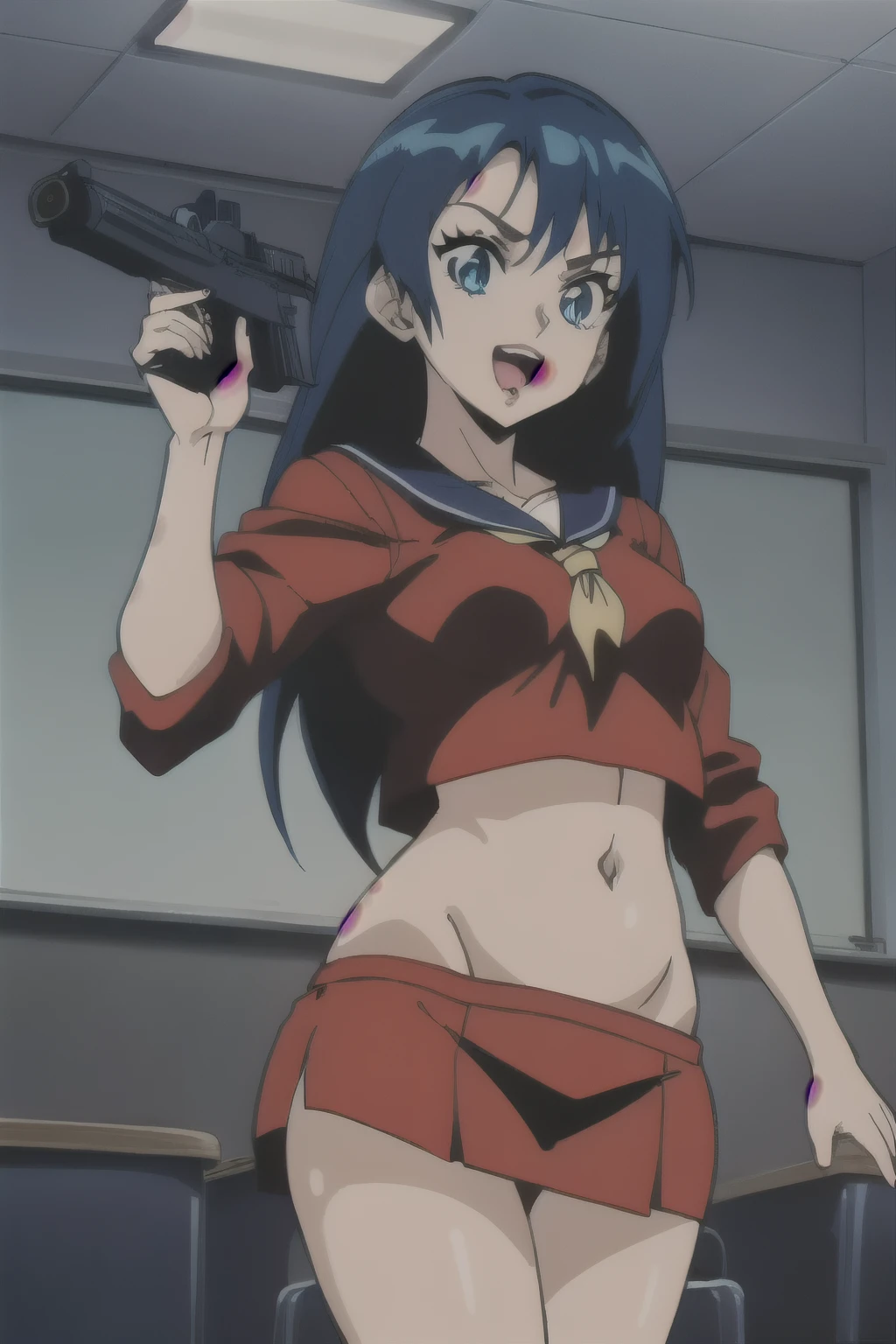 a woman with blue hair , Ai-Mitsu, anime art style,
Sophine,1girl,black hair,longhair,blue eyes,red_lipasterpiece, best quality, highly detailed, a anime girls in sailor uniforms with a gun posing for a picture,
evil smile, smile, open mouth,black_serafuku, ecchi anime style, anime girls , (nsfw) not safe for work,
ecchi style, ecchi, shipgirls, digital anime art!!, high school girls, in anime style, official artwork, beautiful
anime high school girl, anime style 4 k, micro skirt, exposed belly, exposed navel, exposed midriff,
exposed lower belly,school, classroom,