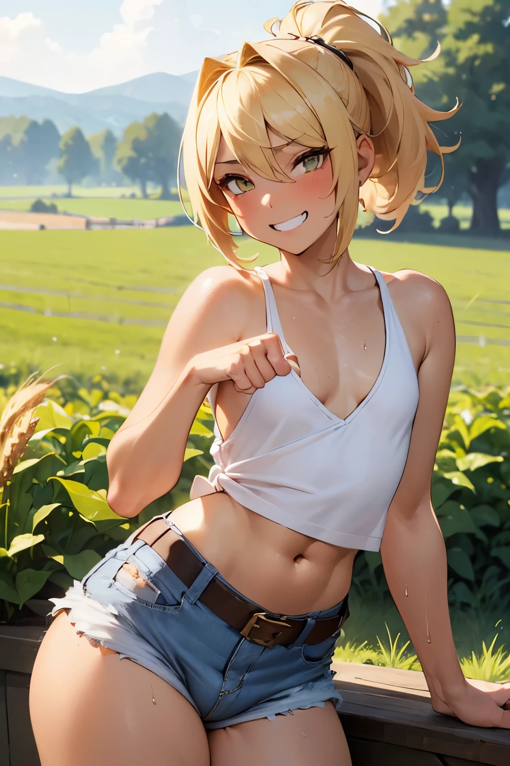 (((SHARP detail perfect face))), (flat chest), (nice hips), detailed skin, ((masterpiece)), best quality, (SHARP details), 4k, (((femboy))), (((farm))), (loose (white tank top)), field, ((denim hotpants)), ((blonde hair)), (sweat), (trap), amber eyes, looking at viewer, short hair, (((bulge in hotpants))), (wheat), (slutty grin), smiling, open mouth, (outdoors), solo, (asymmetric hair), (tanned), (blush), nice hips, (slutty), leather belt, (ponytail), (bulge), (slender), girly, (slutty femboy), (good detailed hands), good anatomy, (good detailed fingers),