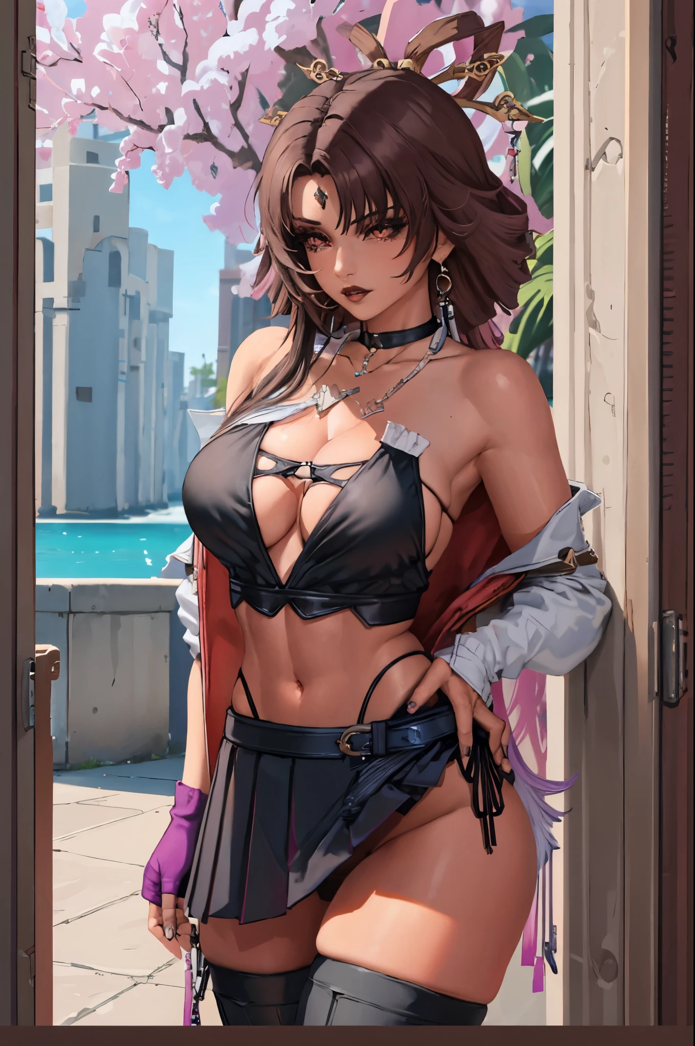beautiful, (masterpiece:1.2), (best quality:1.2), perfect lighting, perfect eyes, perfect face, 1girl, bikini, bikini under clothes, black bikini, black choker, black gloves, black hair, black lips, black nails, black skirt, breasts, choker, cleavage, cropped jacket, cross, earrings, eyeliner, eyeshadow, fingerless gloves, gloves, hand on hip, highleg, highleg bikini, huge breasts, jacket, jewelry, lips, lipstick, long hair, makeup, microskirt, miniskirt, navel, open clothes, open jacket, red eyes, skirt, sleeves pushed up, solo, standing, striped, striped bikini, striped thighhighs, swimsuit, thighhighs, thighs, underboob