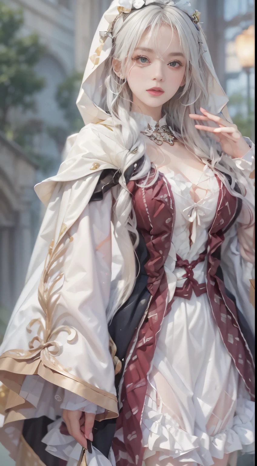 Photorealistic, A high resolution, 1 woman, One, hips up,(Lolita costume)， Beautiful eyes, White hair, eyes with rings, (Yuki，cloak，)