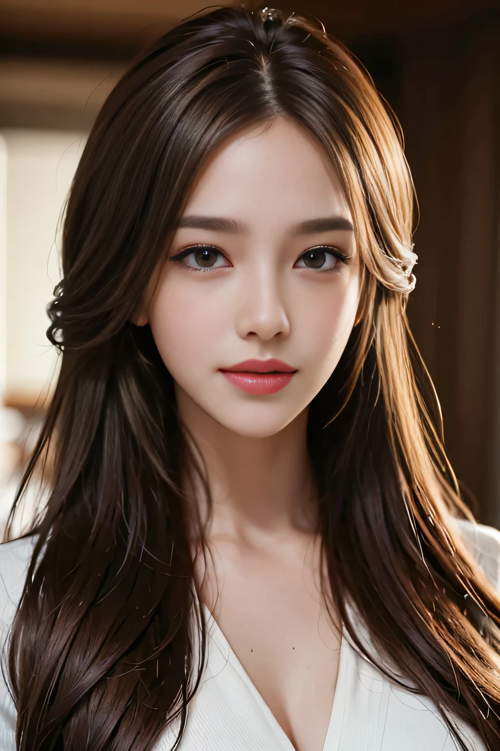 table top, highest quality, realistic, Super detailed, finely, High resolution, 8k wallpaper, 1 beautiful woman,, light brown messy hair, wearing a business suit, sharp focus, perfect dynamic composition, beautiful and detailed eyes, thin hair, Detailed realistic skin texture, smile, close-up portrait, model body shape