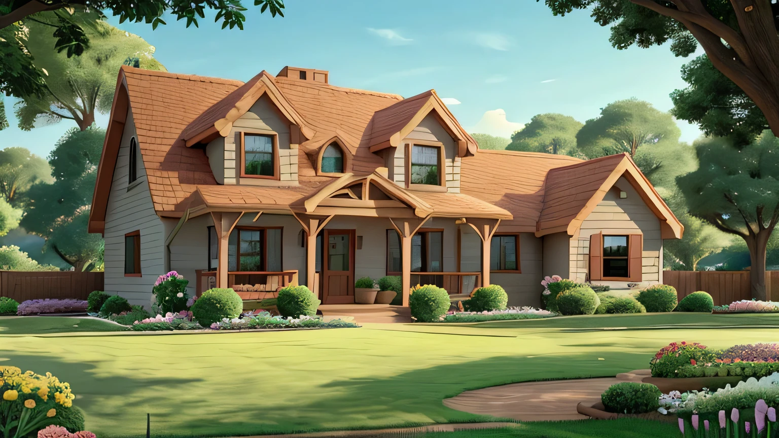 cartoon of house and lawn,There are flowers on the lawn