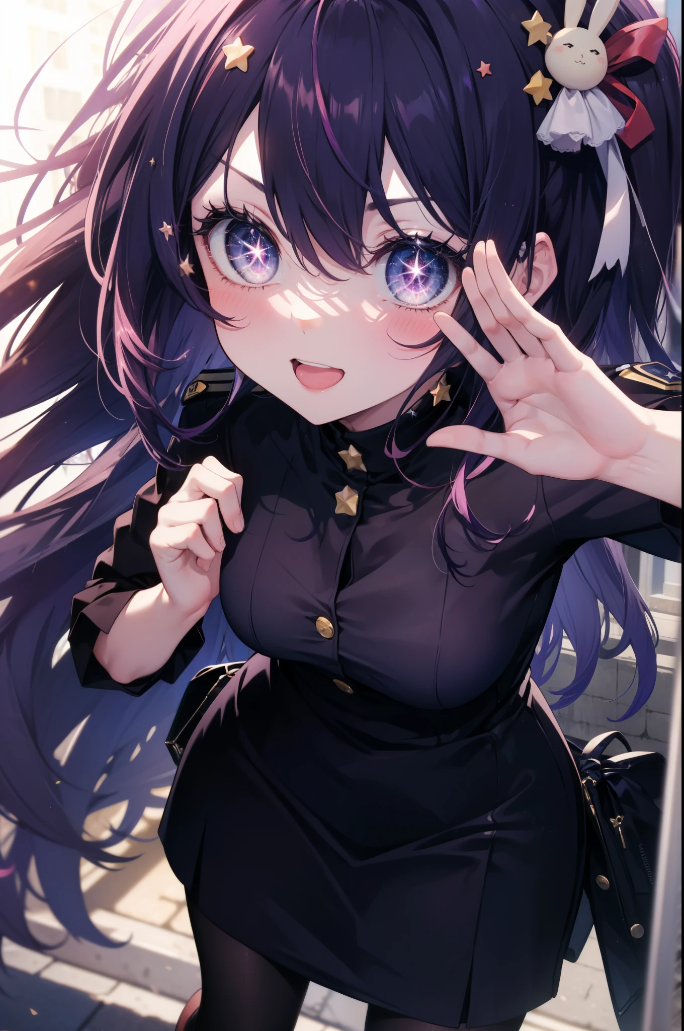 AiHoshino, Ai Hoshino, hair between eyes, hair ornaments, hair ribbon, long hair, one side up, (purple eyes:1.1), purple hair, rabbit hair ornaments, (star-shaped pupil:1.5), pupil in the shape of a symbol,
smile,blush,open your mouth,sexy police uniform,black pencil skirt,black pantyhose,stiletto heels,The girl salutes with her left hand,Place your right hand on your hip.,look up,sunrise,morning,sun, break outdoors, city,building street, break looking at viewer,
break (masterpiece:1.2), highest quality, High resolution, unity 8k wallpaper, (figure:0.8), (detailed and beautiful eyes:1.6), highly detailed face, perfect lighting, Very detailed CG, (perfect hands, perfect anatomy),