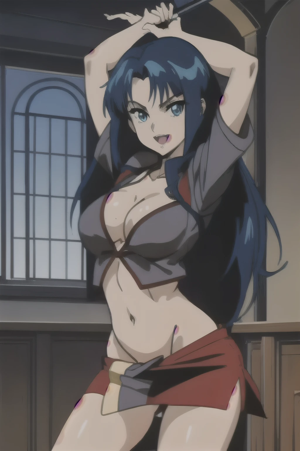 a woman with blue hair , Ai-Mitsu, anime art style,
Sophine,1girl,black hair,longhair,blue eyes,red_lipasterpiece, best quality, highly detailed, fantasy , a anime girls in armored dress holding a sword
posing for a picture, evil smile, smile, open mouth, breastplate with open cleavage, cleavage, warrior
outfit, ecchi anime style, anime girls, ecchi style, (nsfw) not safe for work, ecchi, digital anime art!!, in
anime style, official artwork, visual novel cg, beautiful anime girl, anime style 4 k , loincloth, exposed
belly, exposed navel, exposed midriff, exposed lower belly, pencil skirt armored, castle,inside castle,
